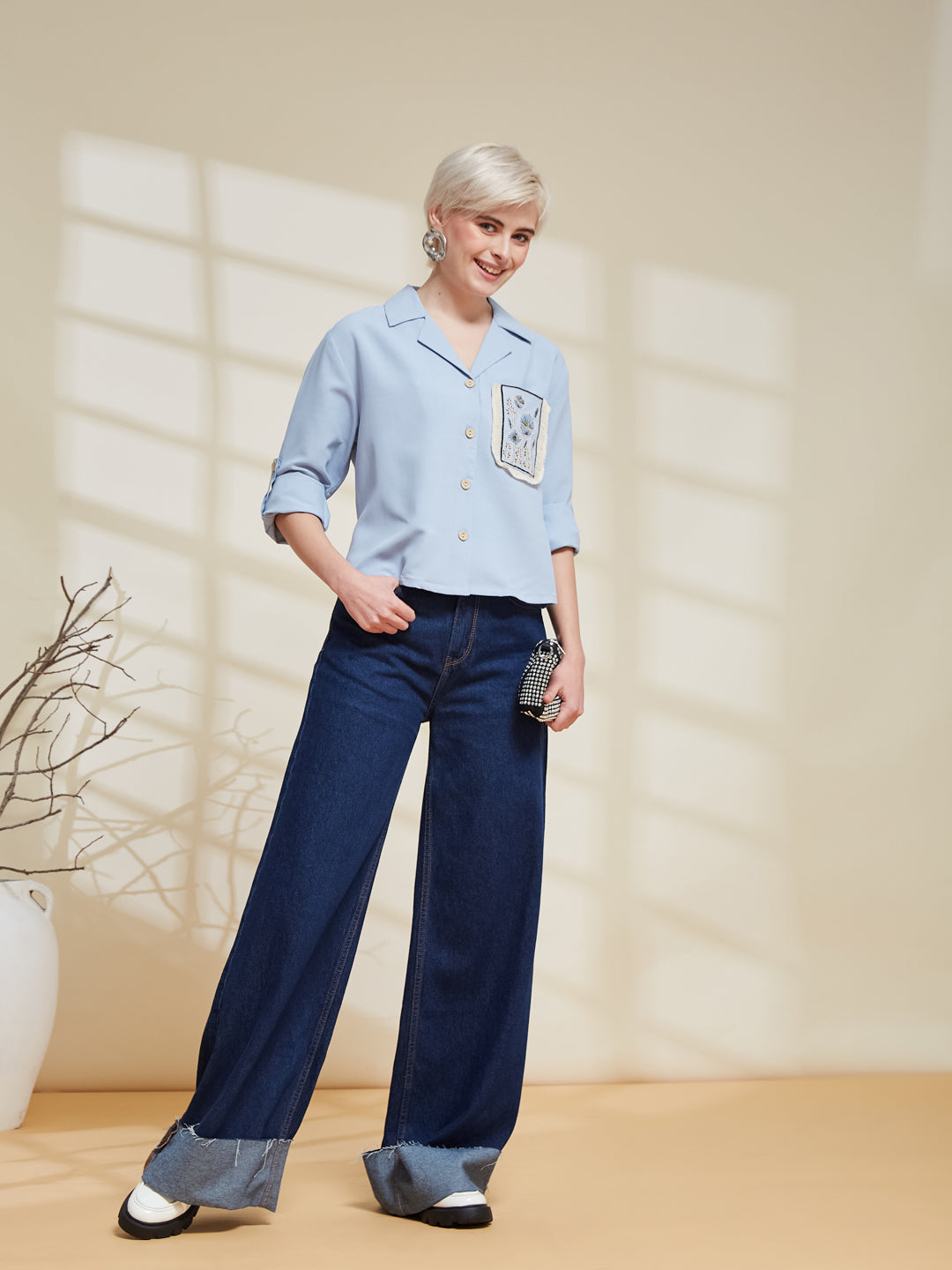 Sky Blue Viscose Blend Embroidered Shirt for Women | women embroidered shirt
| rightside view
