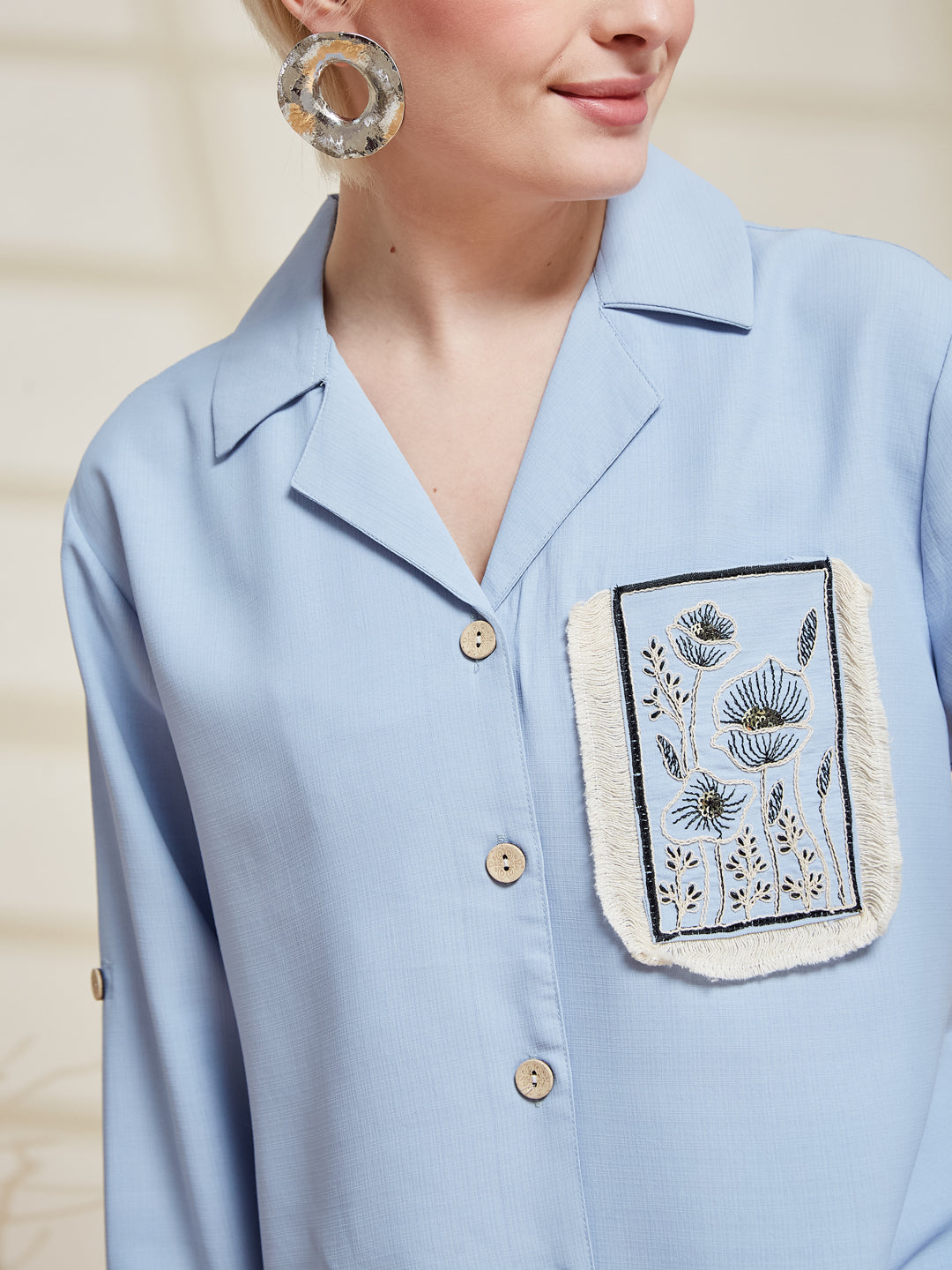 Sky Blue Viscose Blend Embroidered Shirt for Women | women embroidered shirt
| embroidered design view