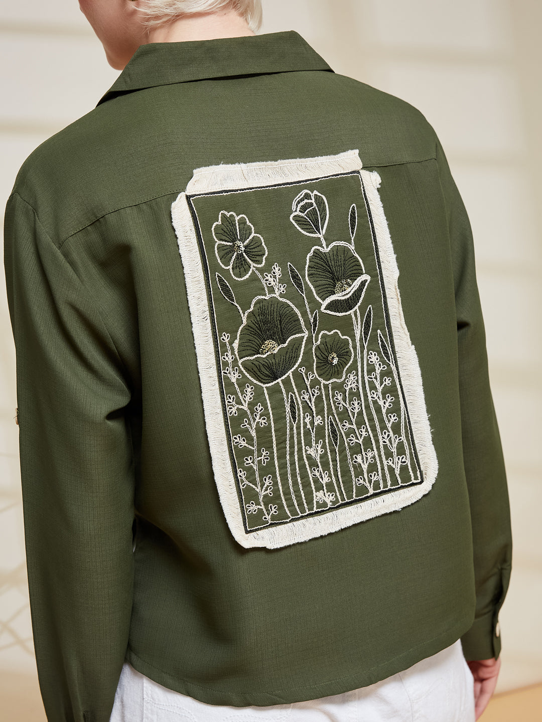 Olive Viscose Blend Embroidered Shirt for Women | Embroidered Shirt for Women | backside embroidered design view