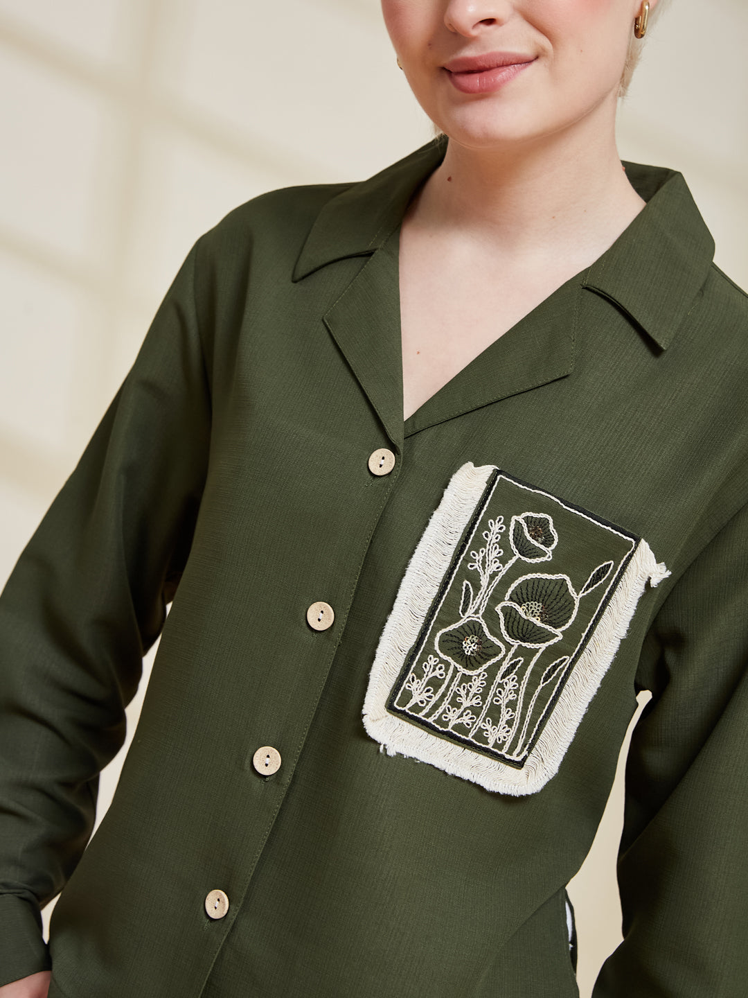Olive Viscose Blend Embroidered Shirt for Women | Embroidered Shirt for Women | frontside embroidered design view