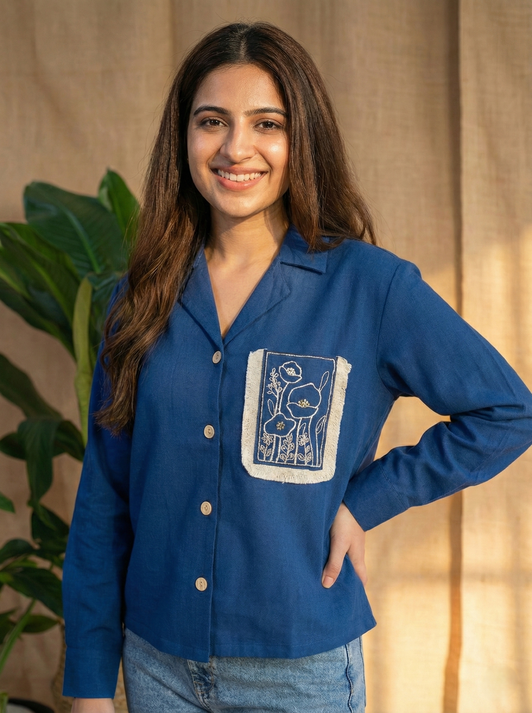 Blue Viscose Blend Embroidered Shirt for Women