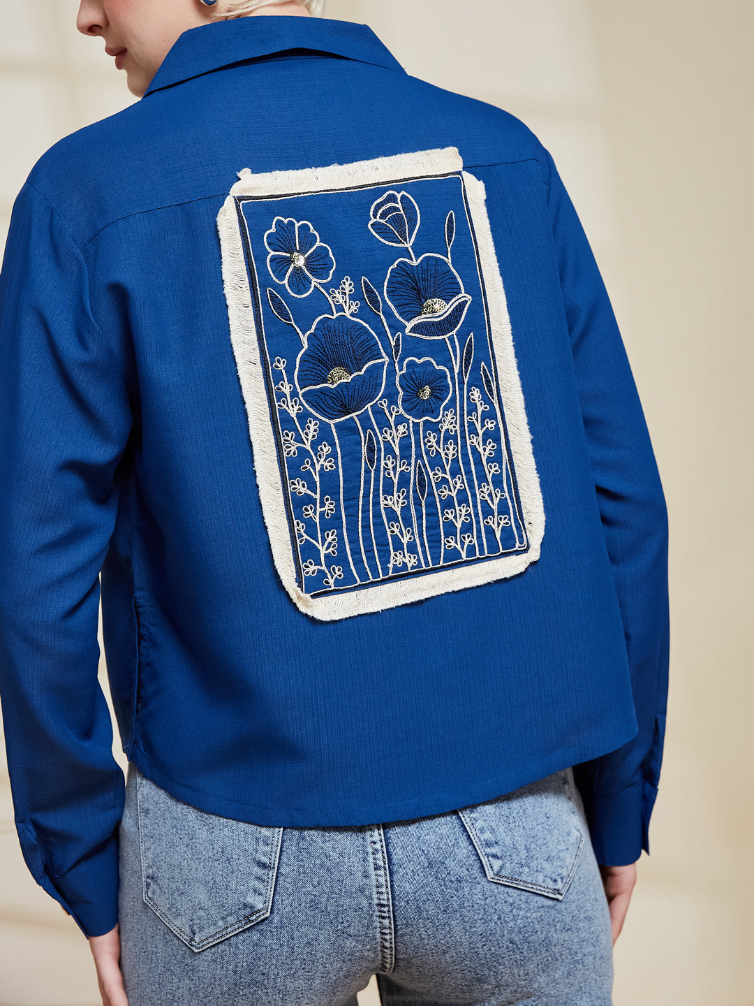 Blue Viscose Blend Embroidered Shirt for Women