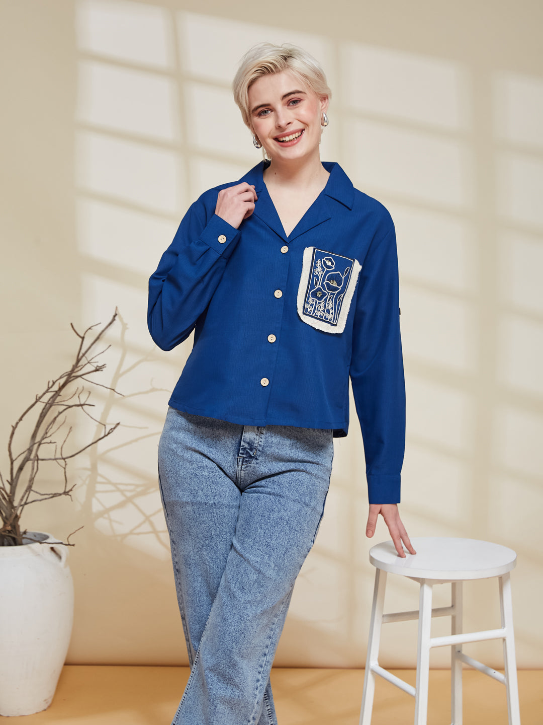 Blue Viscose Blend Embroidered Shirt for Women