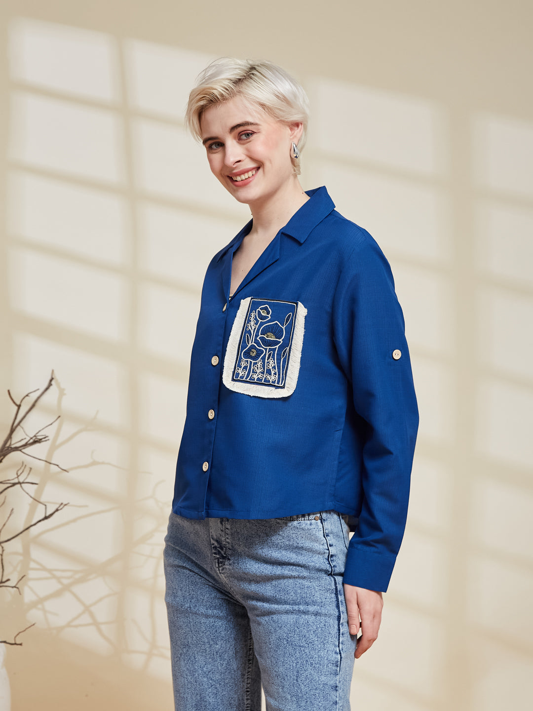 Blue Viscose Blend Embroidered Shirt for Women