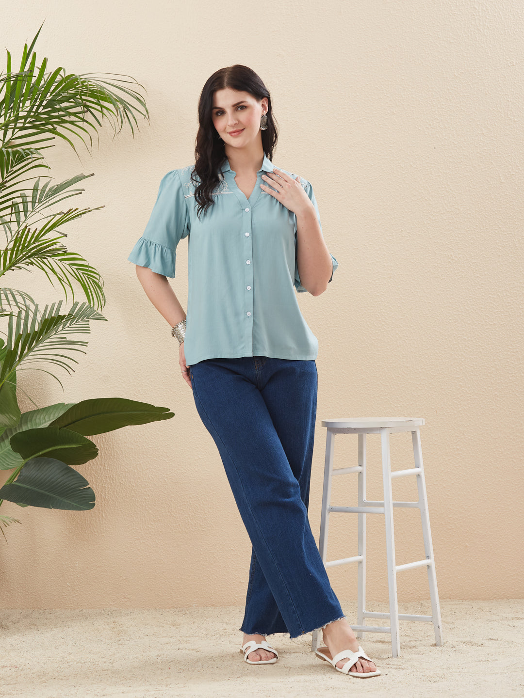 Blue Rayon Embroidered Shirt for Women