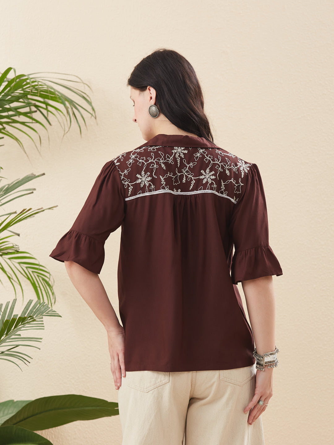 Coffee Rayon Embroidered Shirt for Women