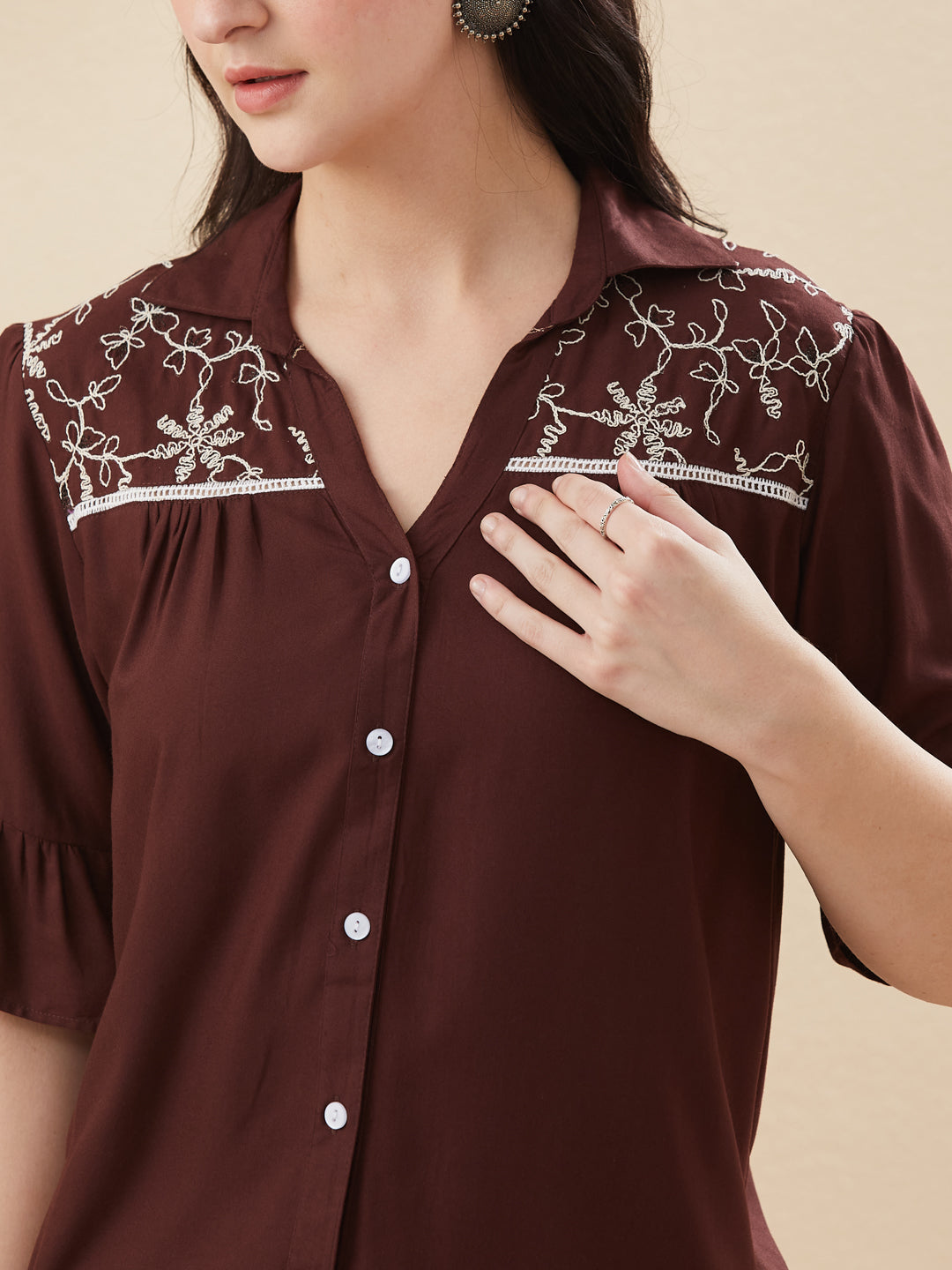 Coffee Rayon Embroidered Shirt for Women