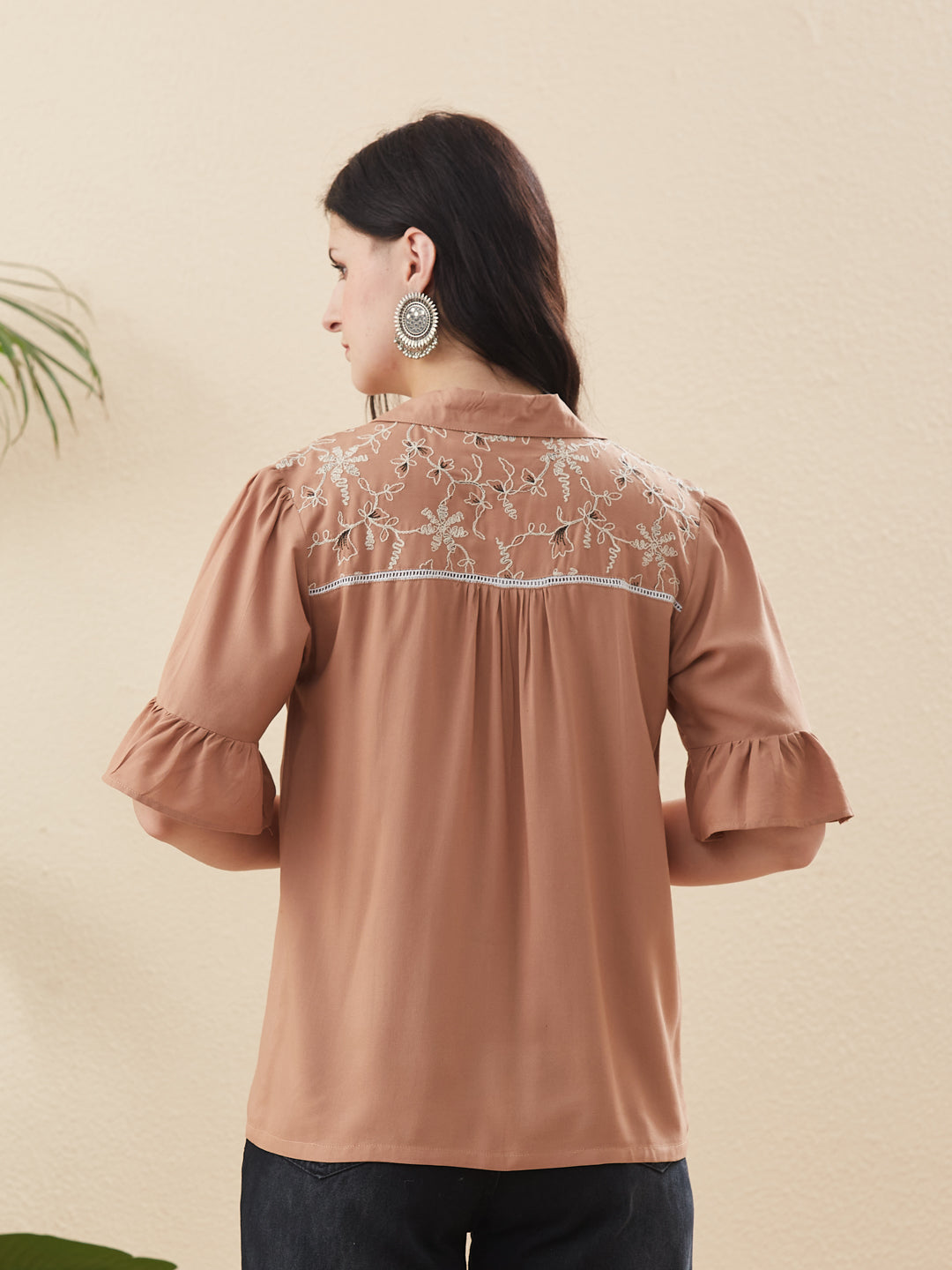 Beige Rayon Embroidered Shirt for Women
