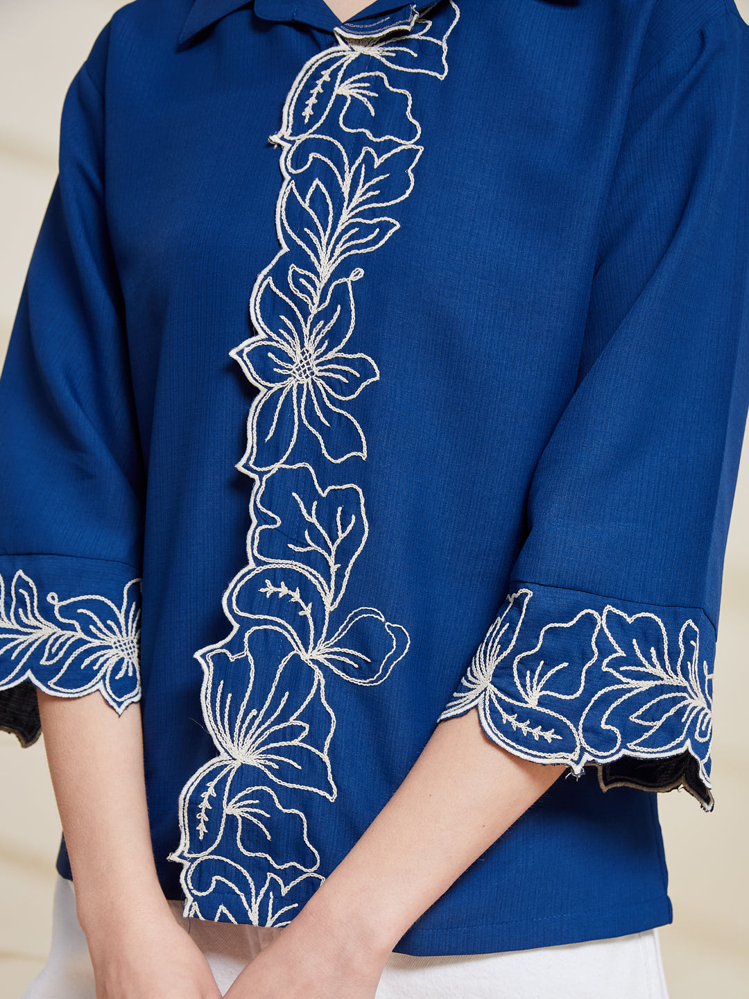Blue Viscose Embroidered Regular Fit Shirt for Women