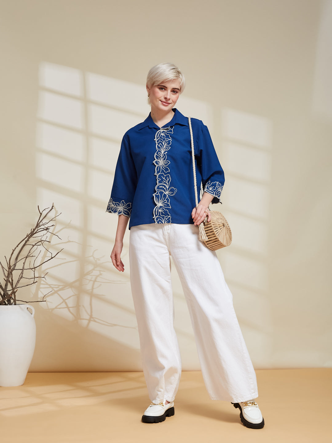 Blue Viscose Embroidered Regular Fit Shirt for Women