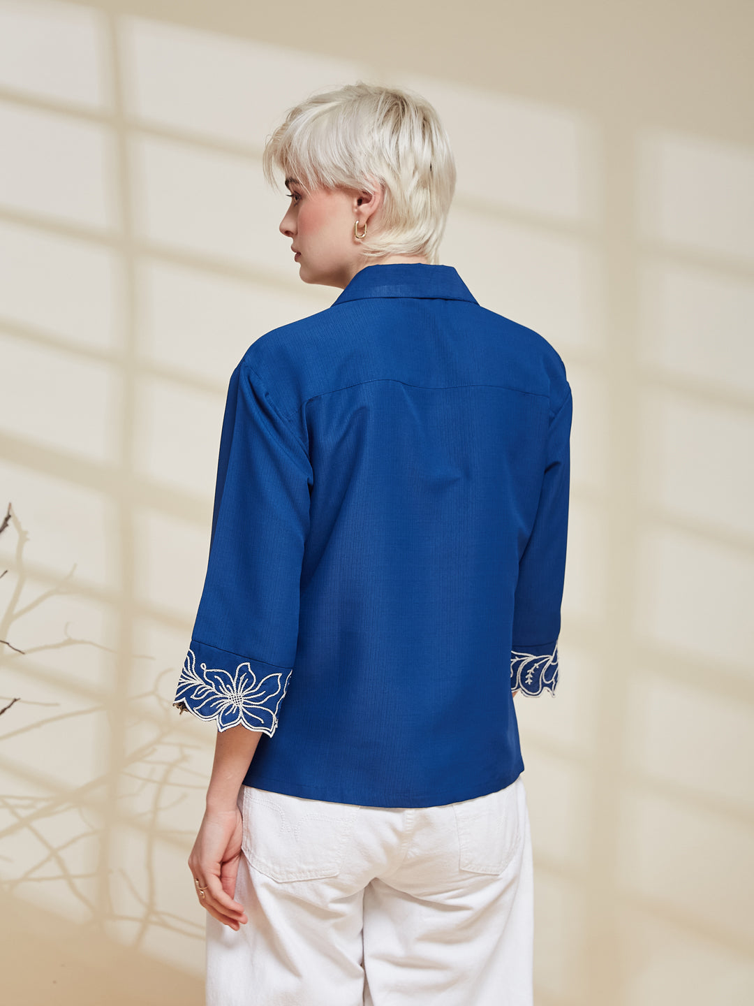 Blue Viscose Embroidered Regular Fit Shirt for Women