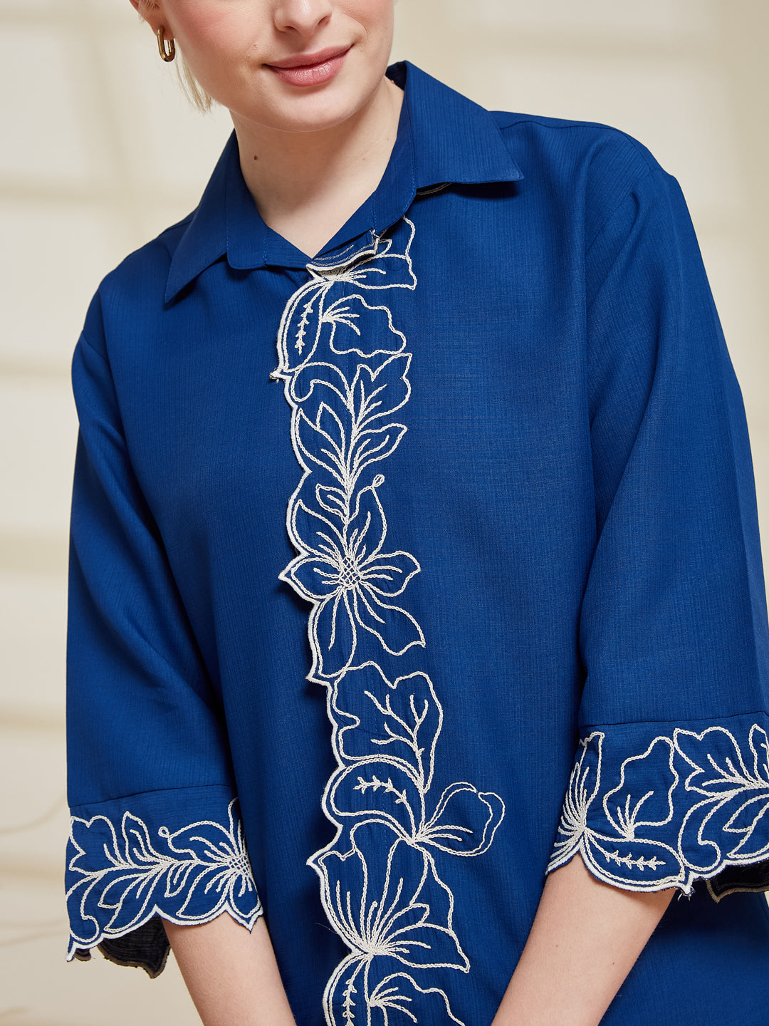 Blue Viscose Embroidered Regular Fit Shirt for Women