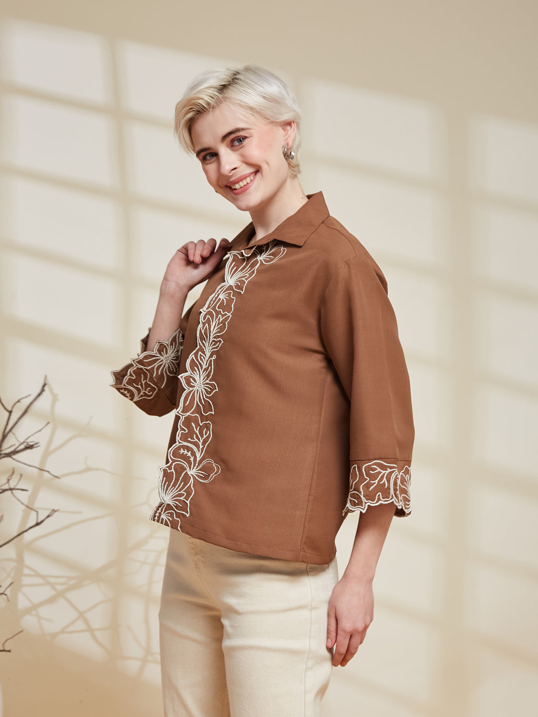 Caramel Viscose Embroidered Regular Fit Shirt for Women | Women Embroidered Shirt | leftside view