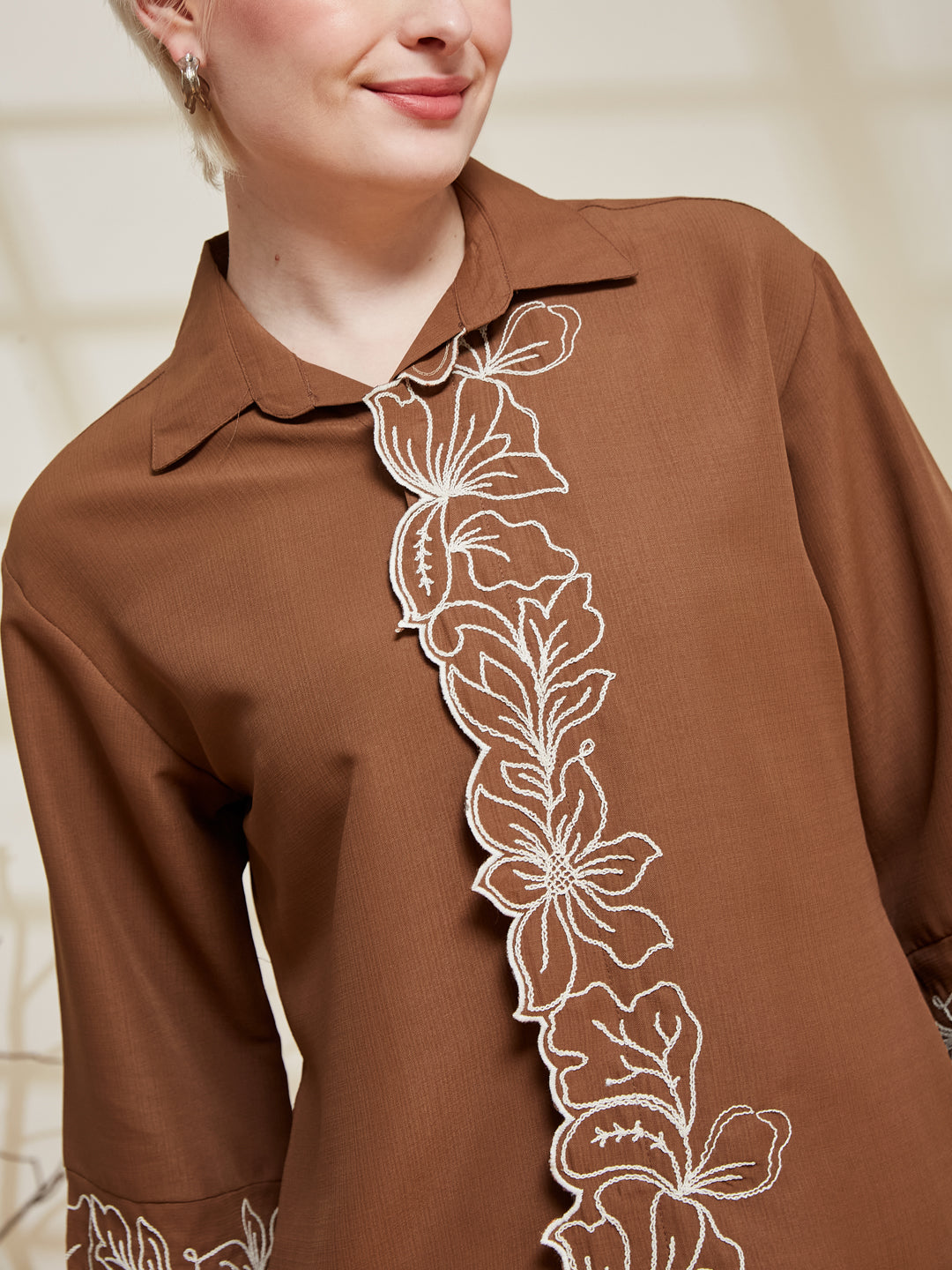 Caramel Viscose Embroidered Regular Fit Shirt for Women | Women Embroidered Shirt embroidered design view