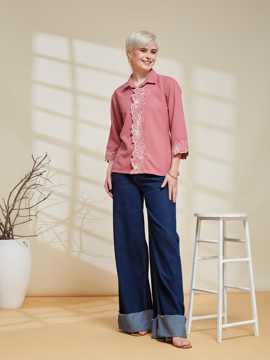 Pink Viscose Embroidered Regular Fit Shirt for Women | Embroidered Shirt for Women | frontside full view