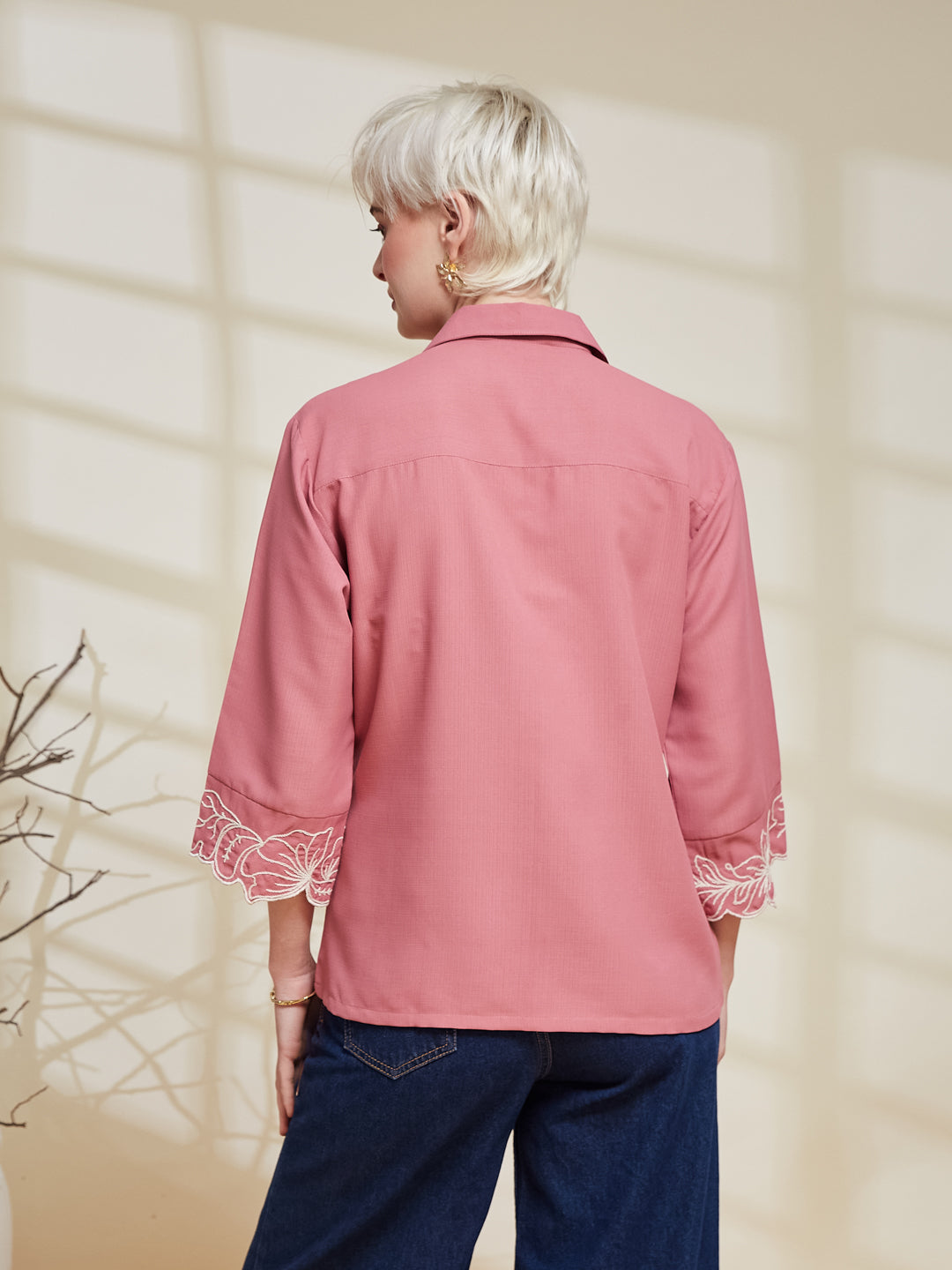 Pink Viscose Embroidered Regular Fit Shirt for Women | Embroidered Shirt for Women | backside view