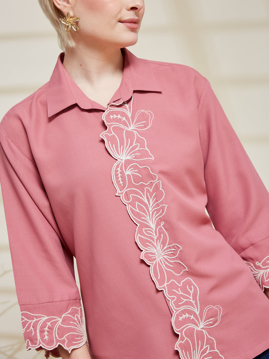 Pink Viscose Embroidered Regular Fit Shirt for Women | Embroidered Shirt for Women | embroidered design view