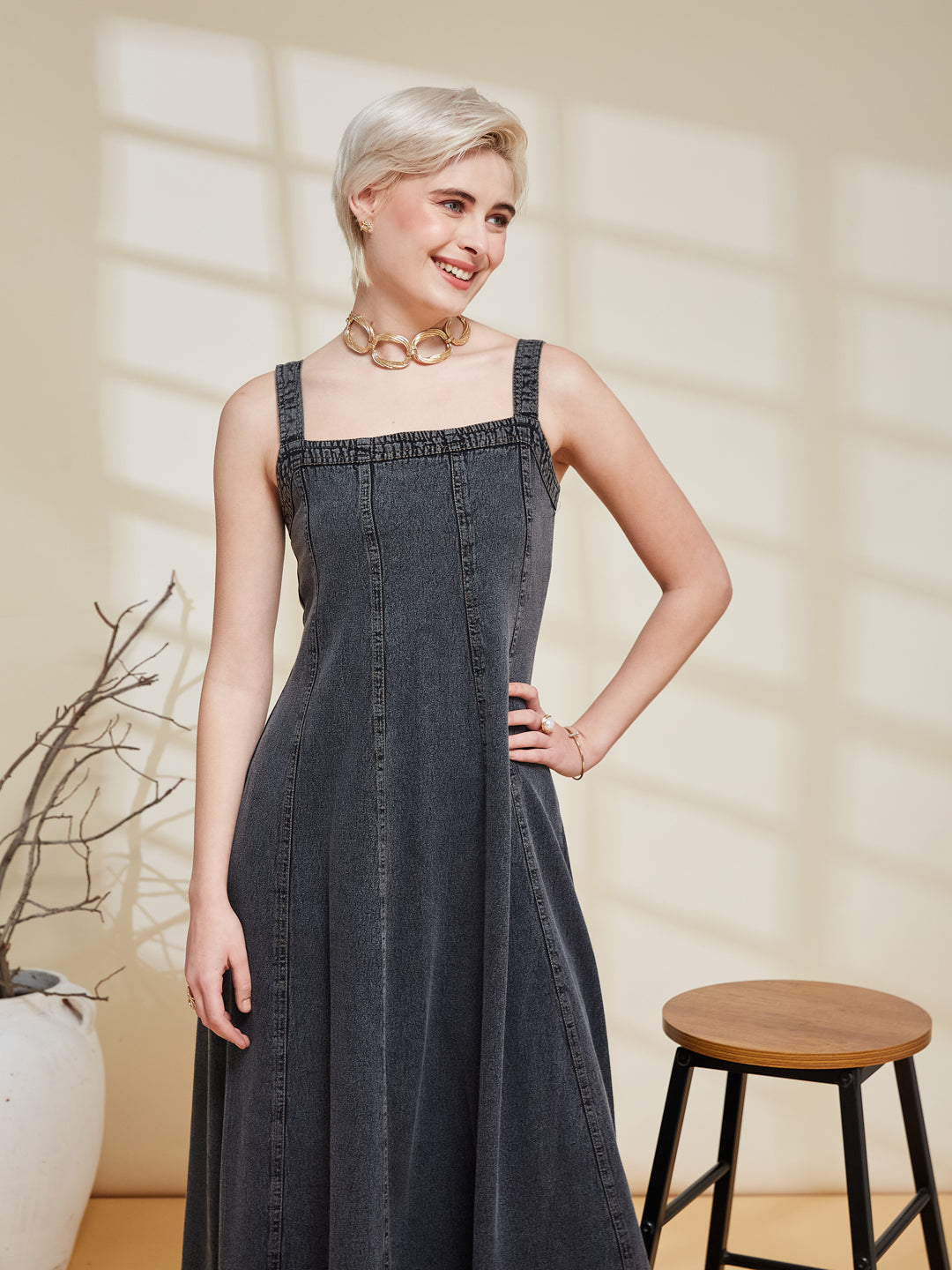 Charcoal Denim Strap Dress for women