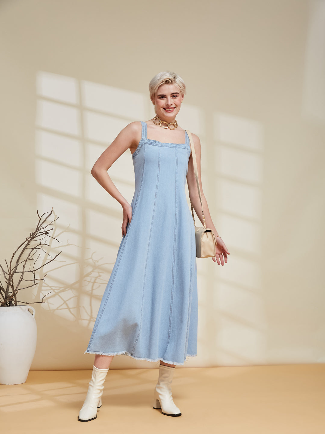 Ice Blue Denim Overall Slip Dress for women