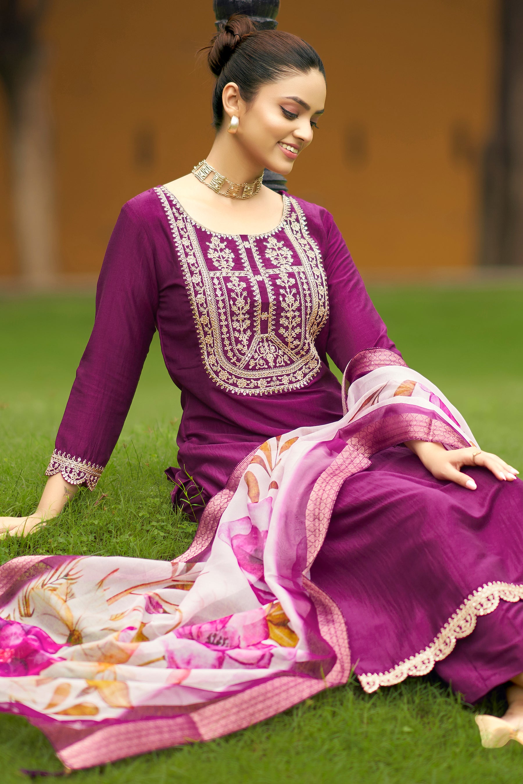 Wine Self Design Chinon Straight Kurta With Printed Dupatta