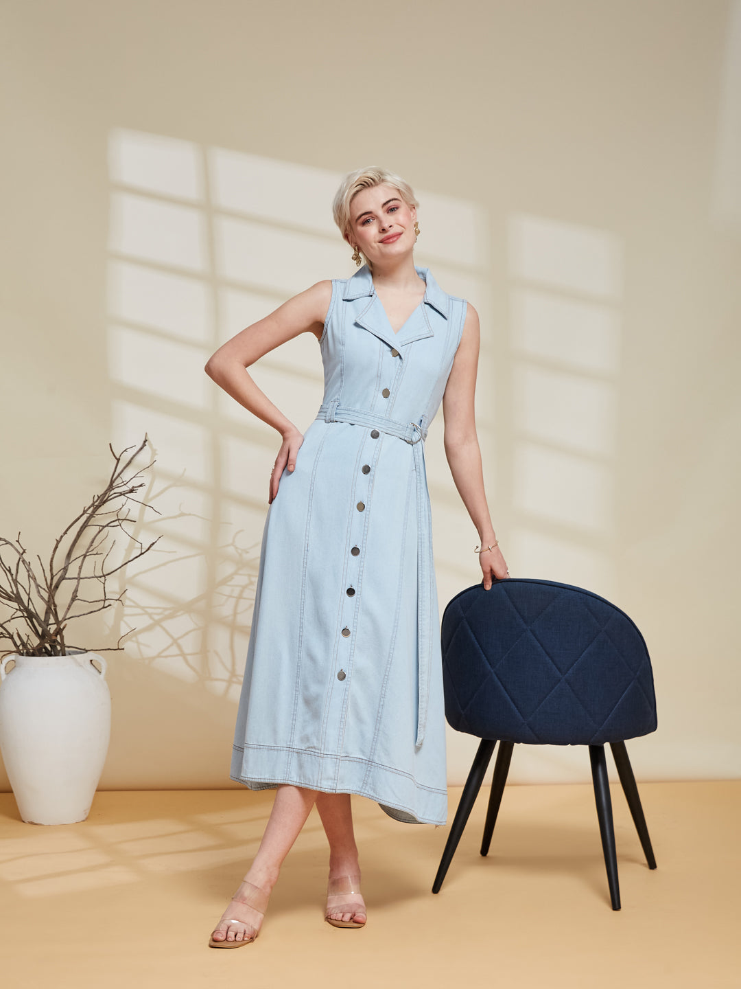 Light Blue Sleeveless Denim Midi Dress with Belt for women