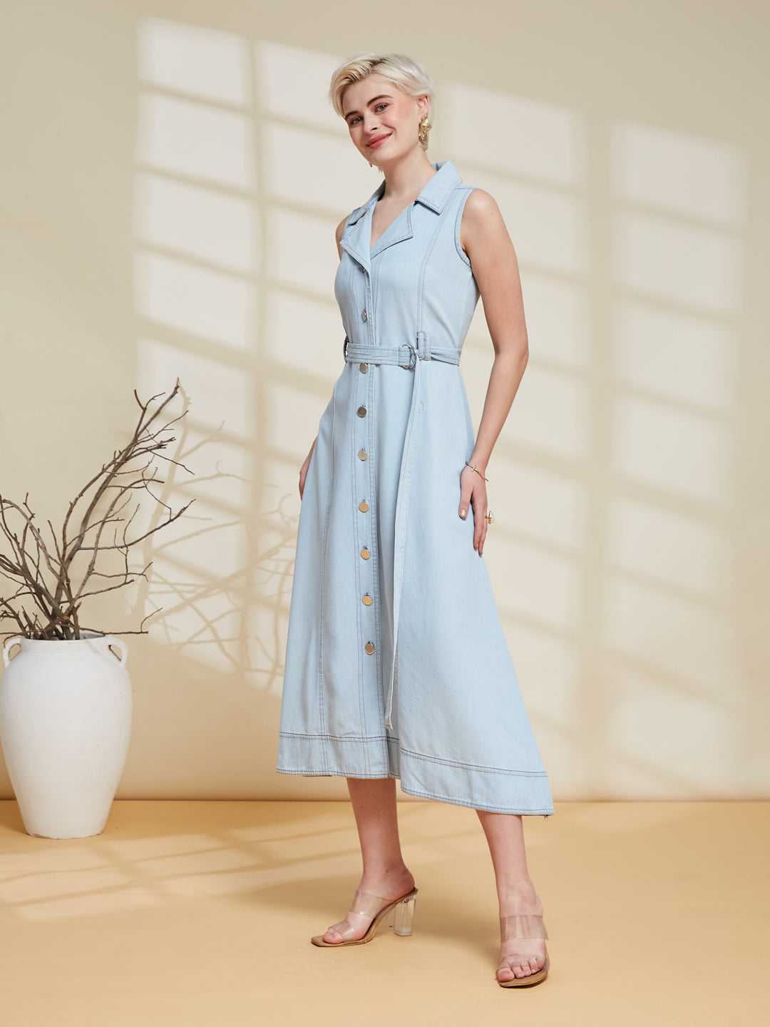 Light Blue Sleeveless Denim Midi Dress with Belt for women