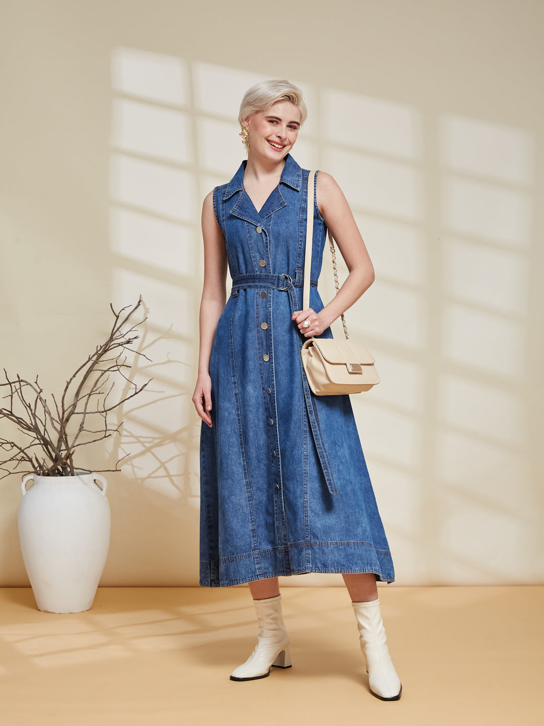 Blue Denim Sleeveless Denim Midi Dress with Belt for women