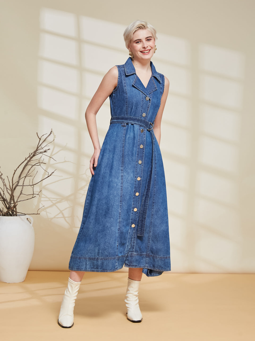 Blue Denim Sleeveless Denim Midi Dress with Belt for women
