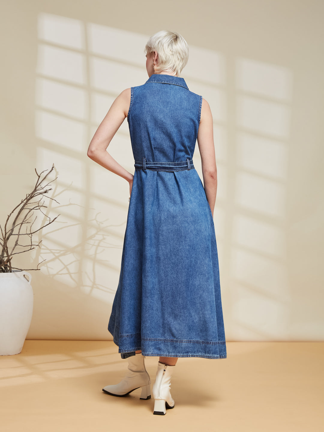 Blue Denim Sleeveless Denim Midi Dress with Belt for women
