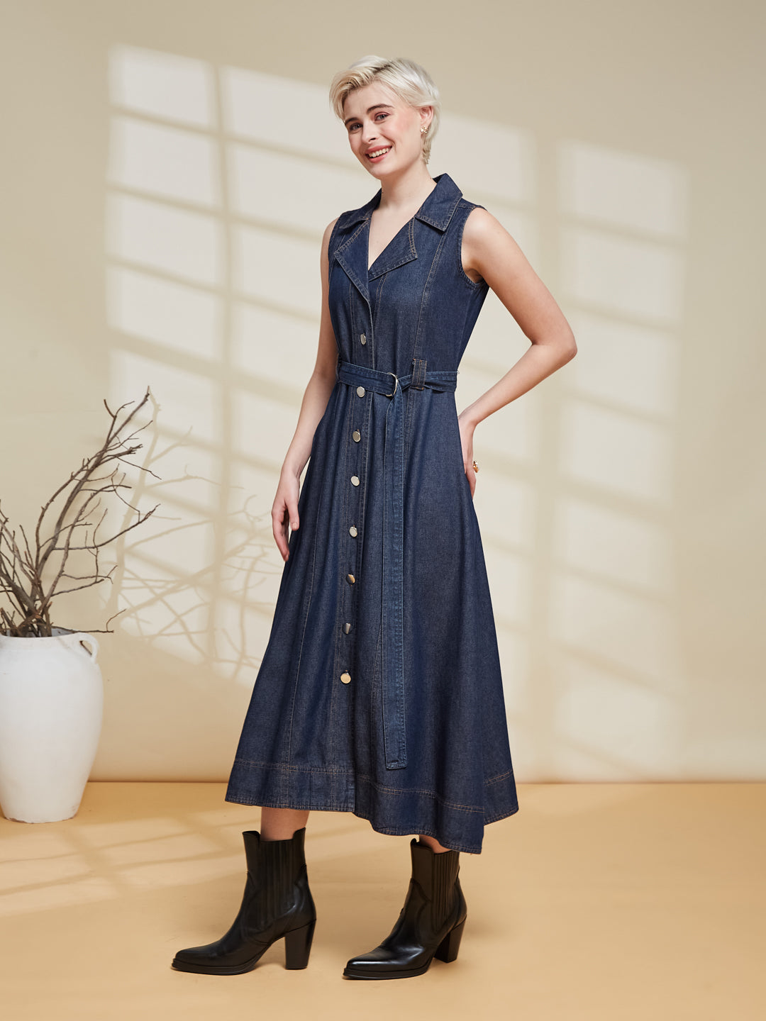 Dark Blue Sleeveless Denim Midi Dress with Belt for women