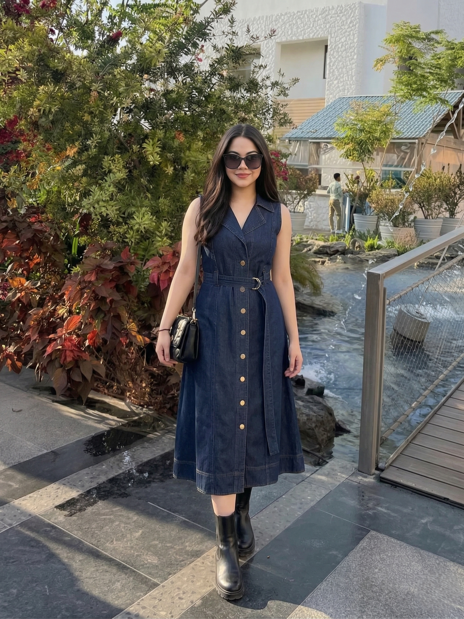 Dark Blue Sleeveless Denim Midi Dress with Belt for women
