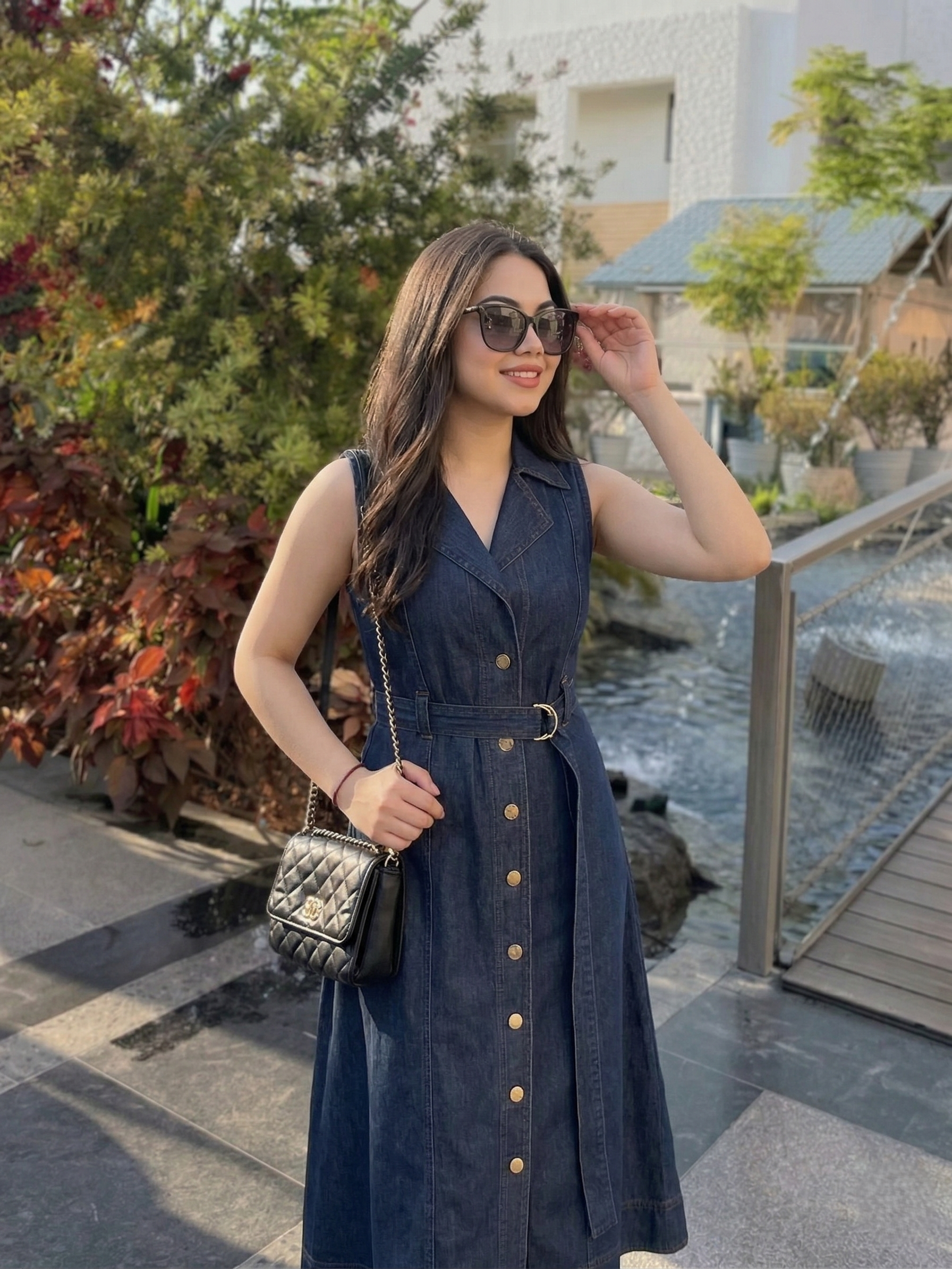 Dark Blue Sleeveless Denim Midi Dress with Belt for women