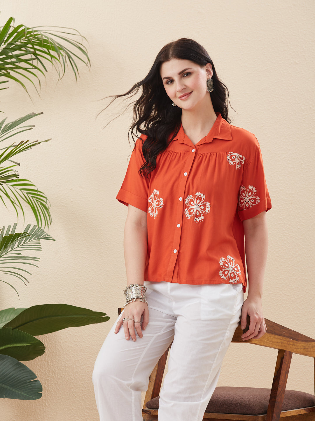 Orange Rayon Embroidered Regular Fit Women’s Shirt