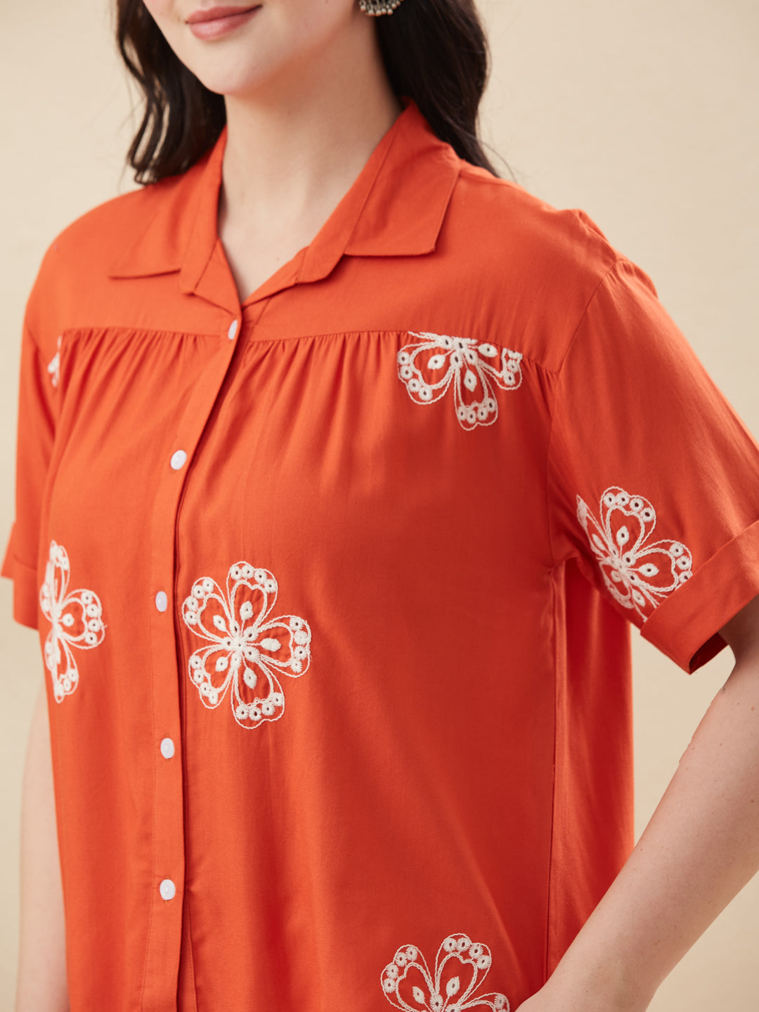 Orange Rayon Embroidered Regular Fit Women’s Shirt