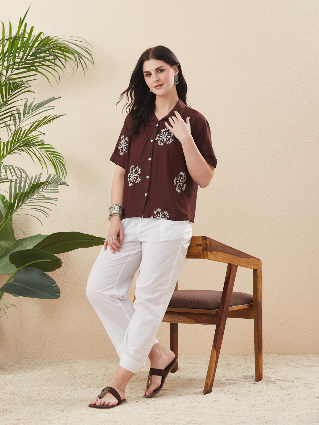 Coffee Rayon Embroidered Regular Fit Women’s Shirt