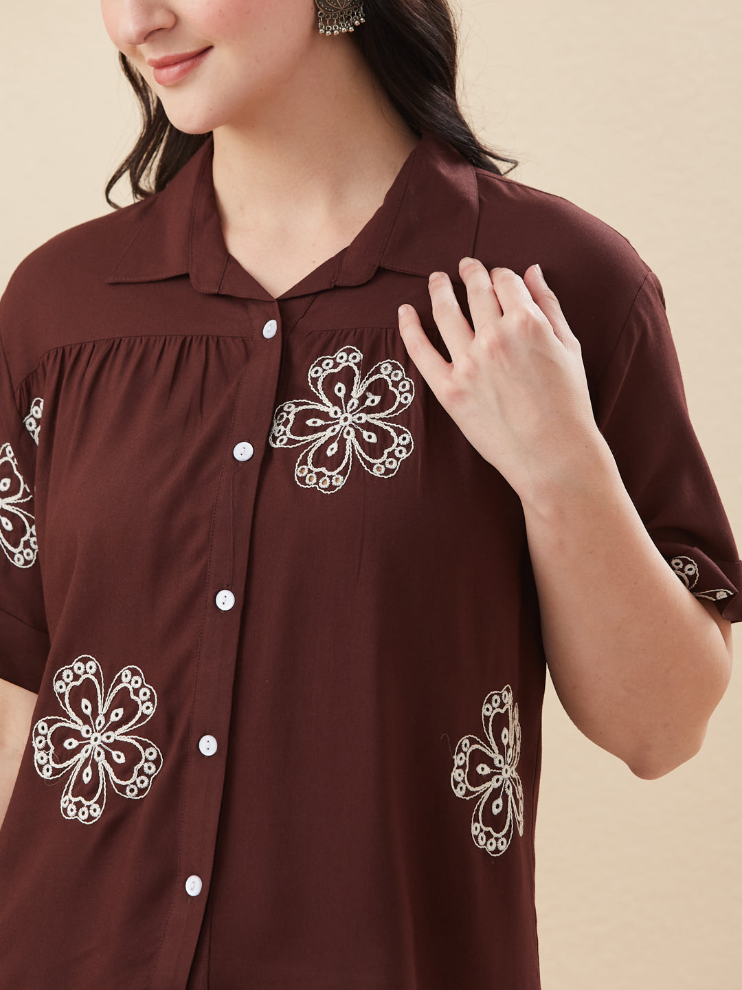 Coffee Rayon Embroidered Regular Fit Women’s Shirt