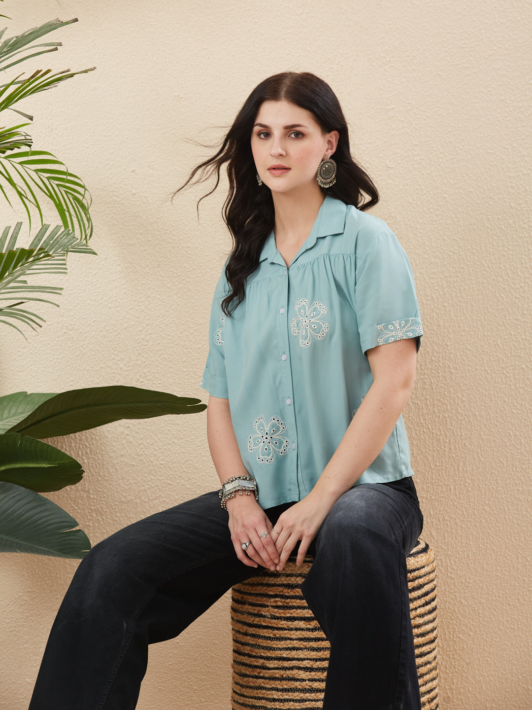 Blue Rayon Embroidered Regular Fit Women’s Shirt