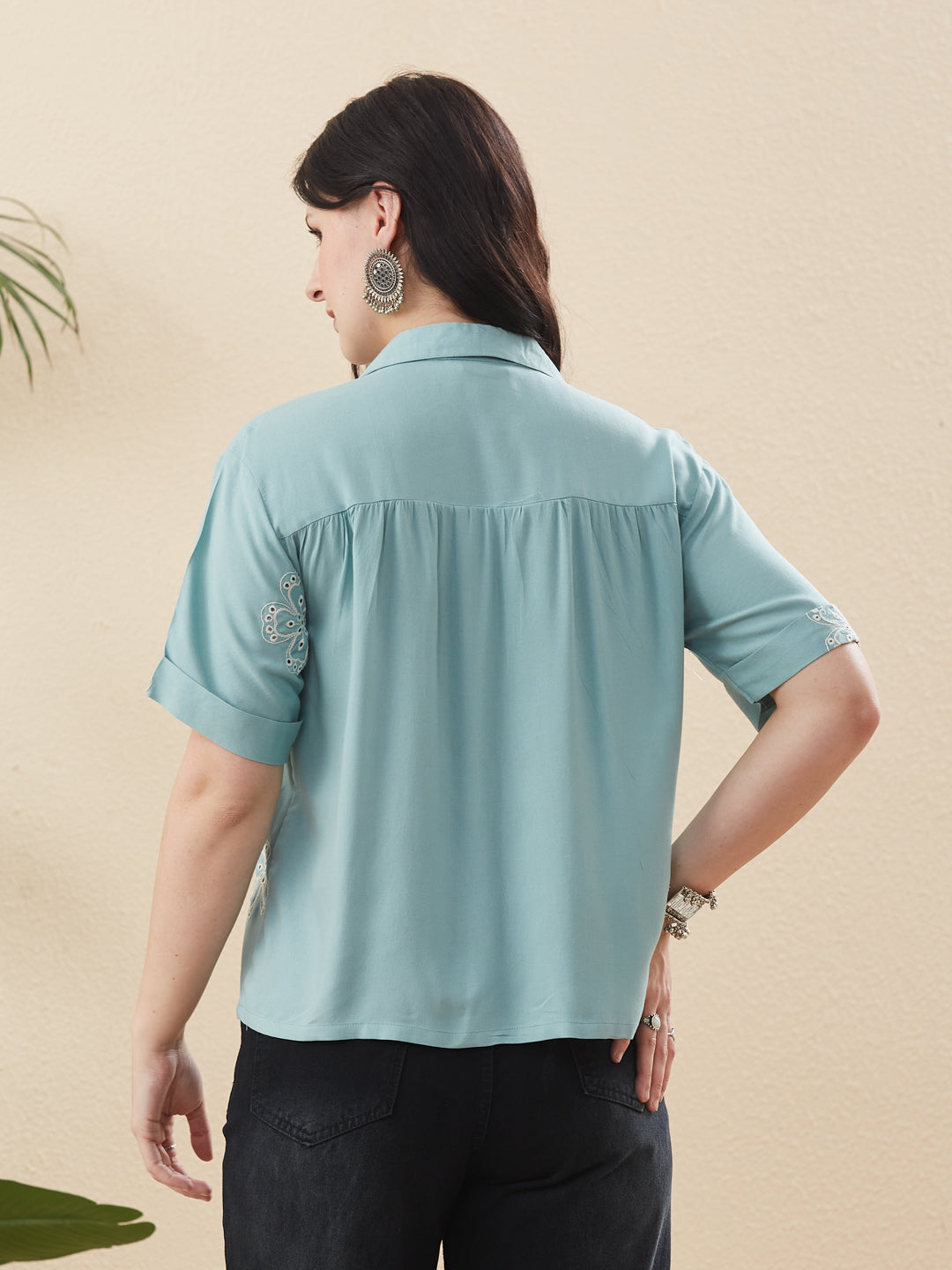 Blue Rayon Embroidered Regular Fit Women’s Shirt