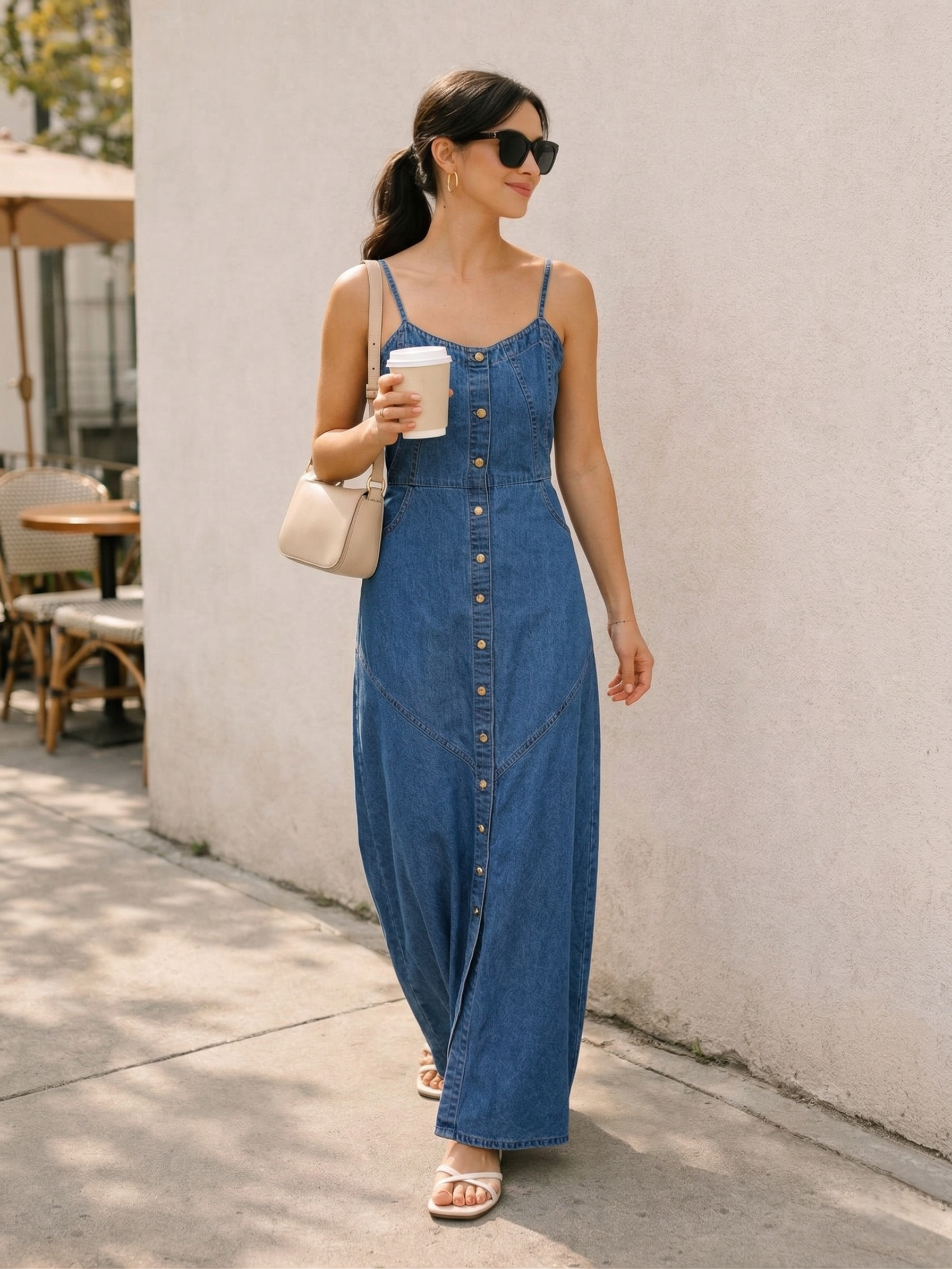 Denim Blue Fit and Flare Maxi Dress for women