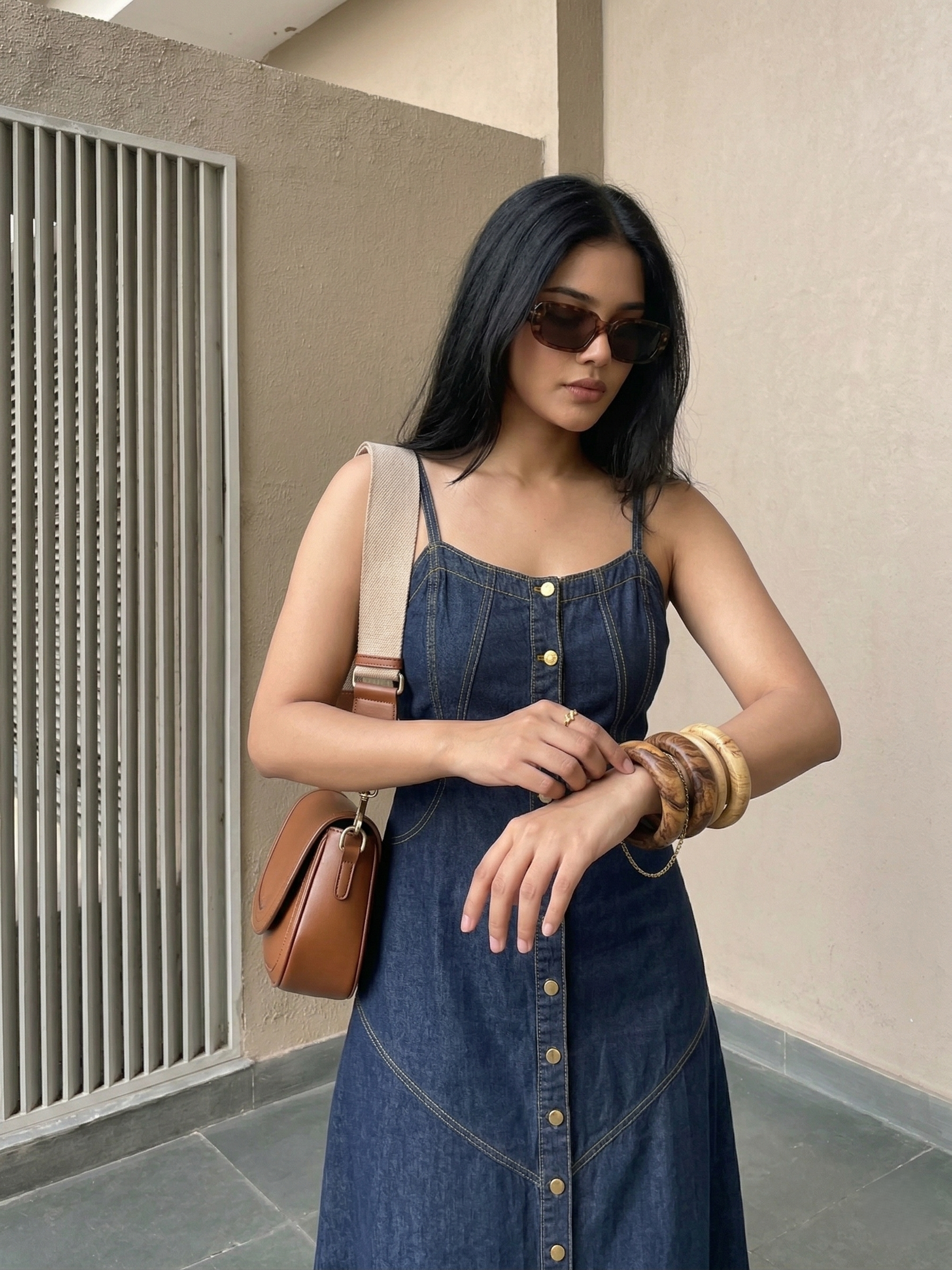 Dark Blue Denim Strap Maxi Dress for Women