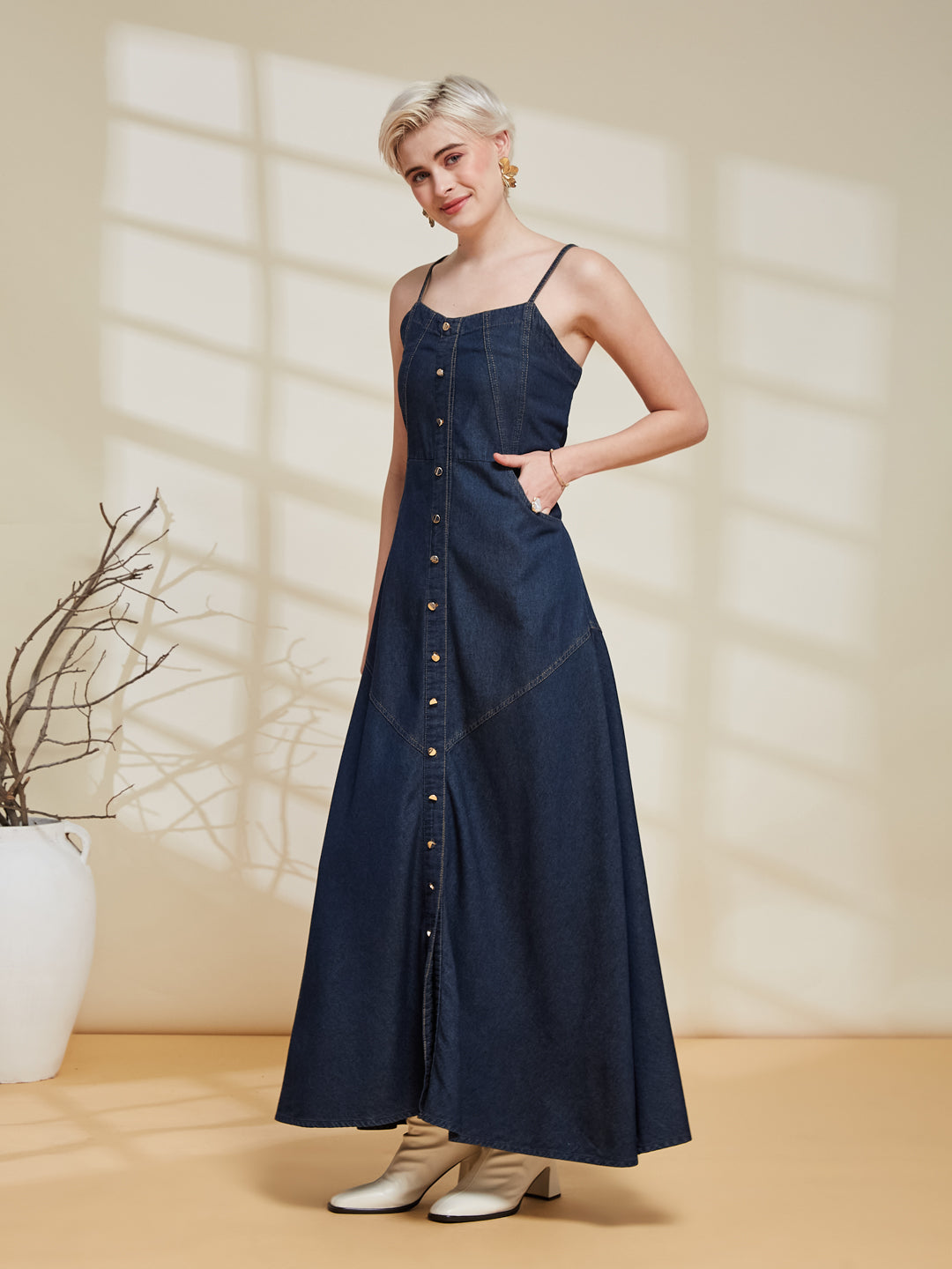 Dark Blue Denim Strap Maxi Dress for Women
