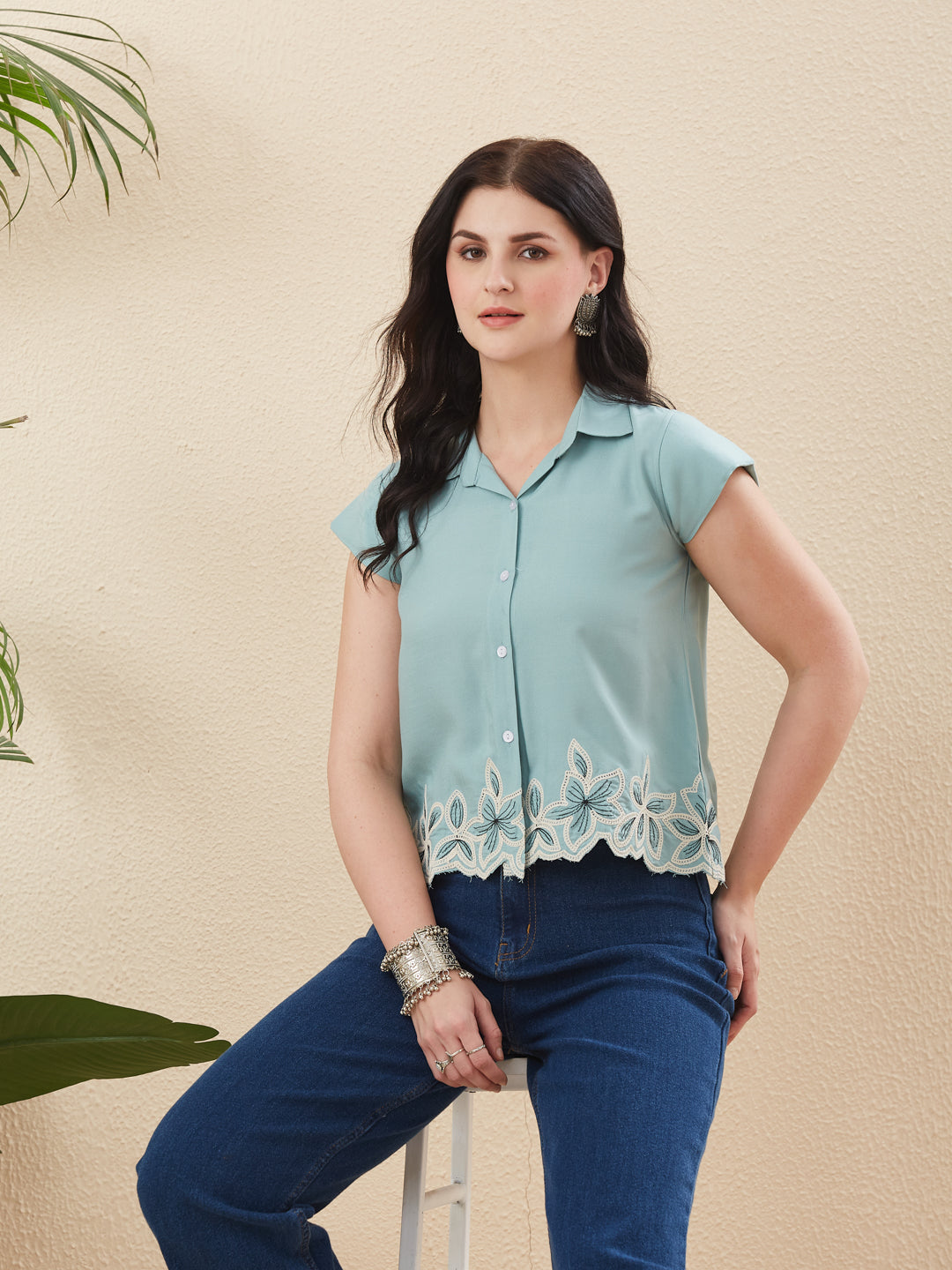 Stylish Blue Rayon Embroidered shirt for Women