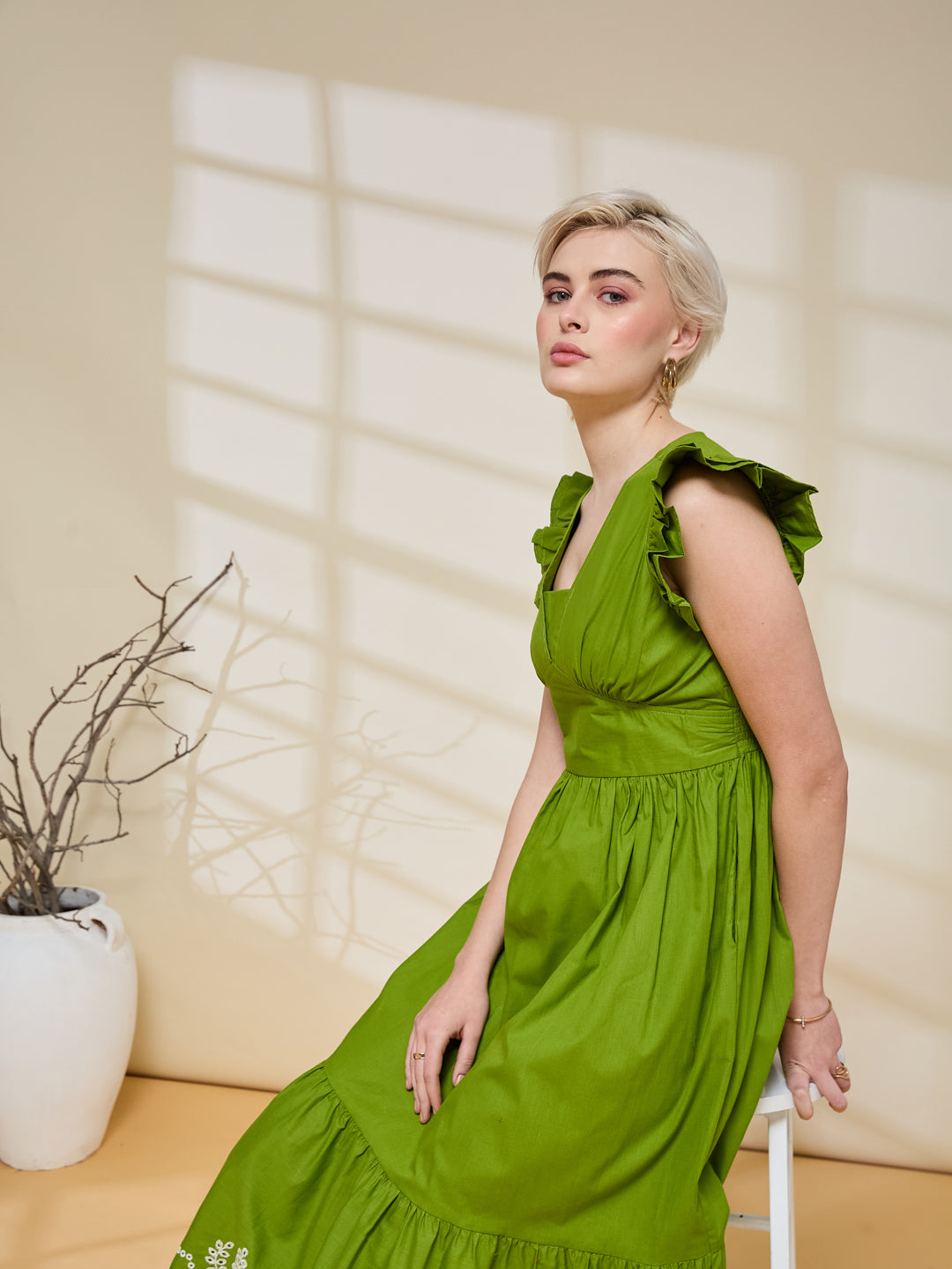 Styli Green Cotton Regular Fit Self-Pattern Midi Dress