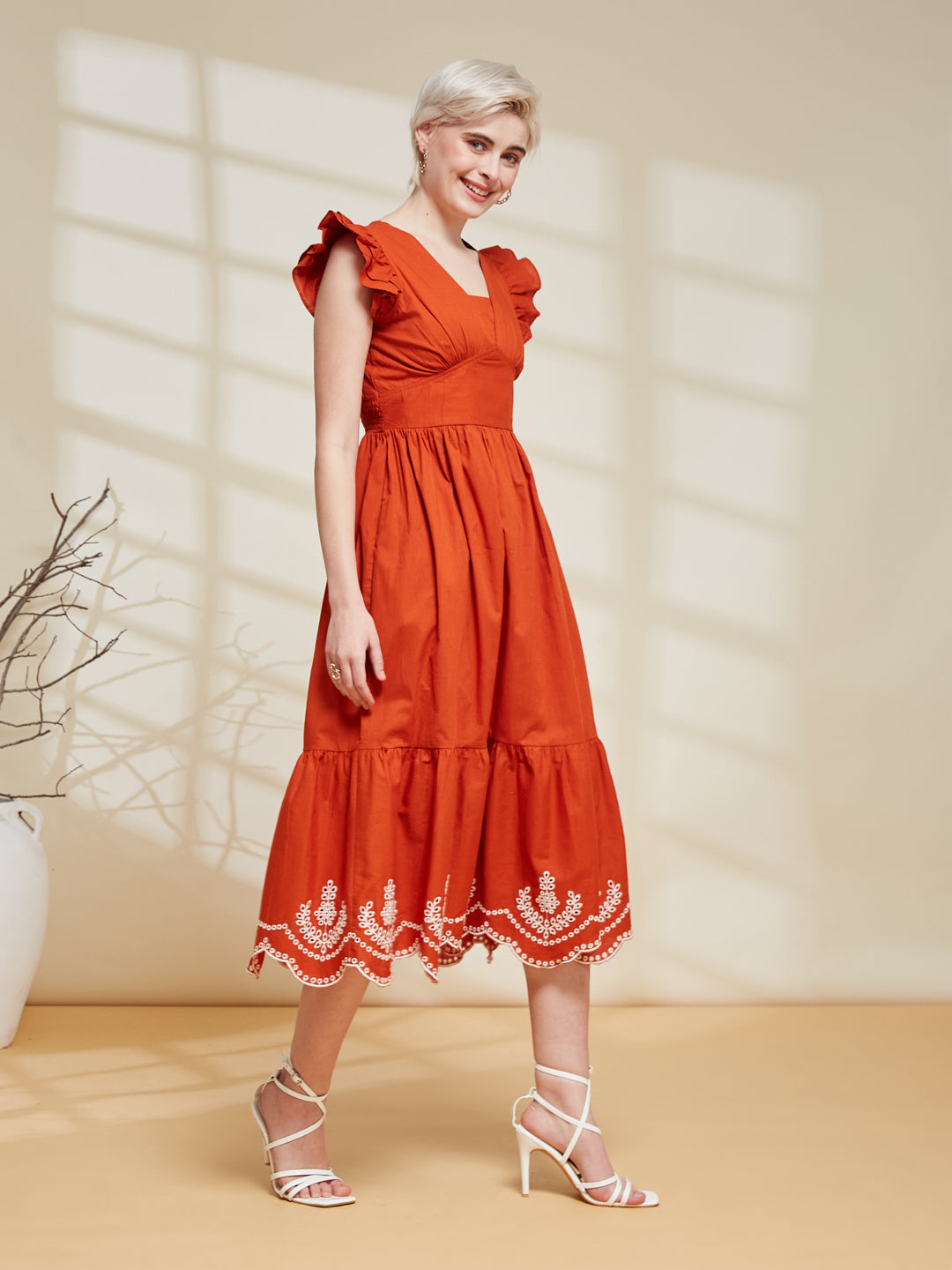 Women Self Pattern Orange Cotton Summer Dress