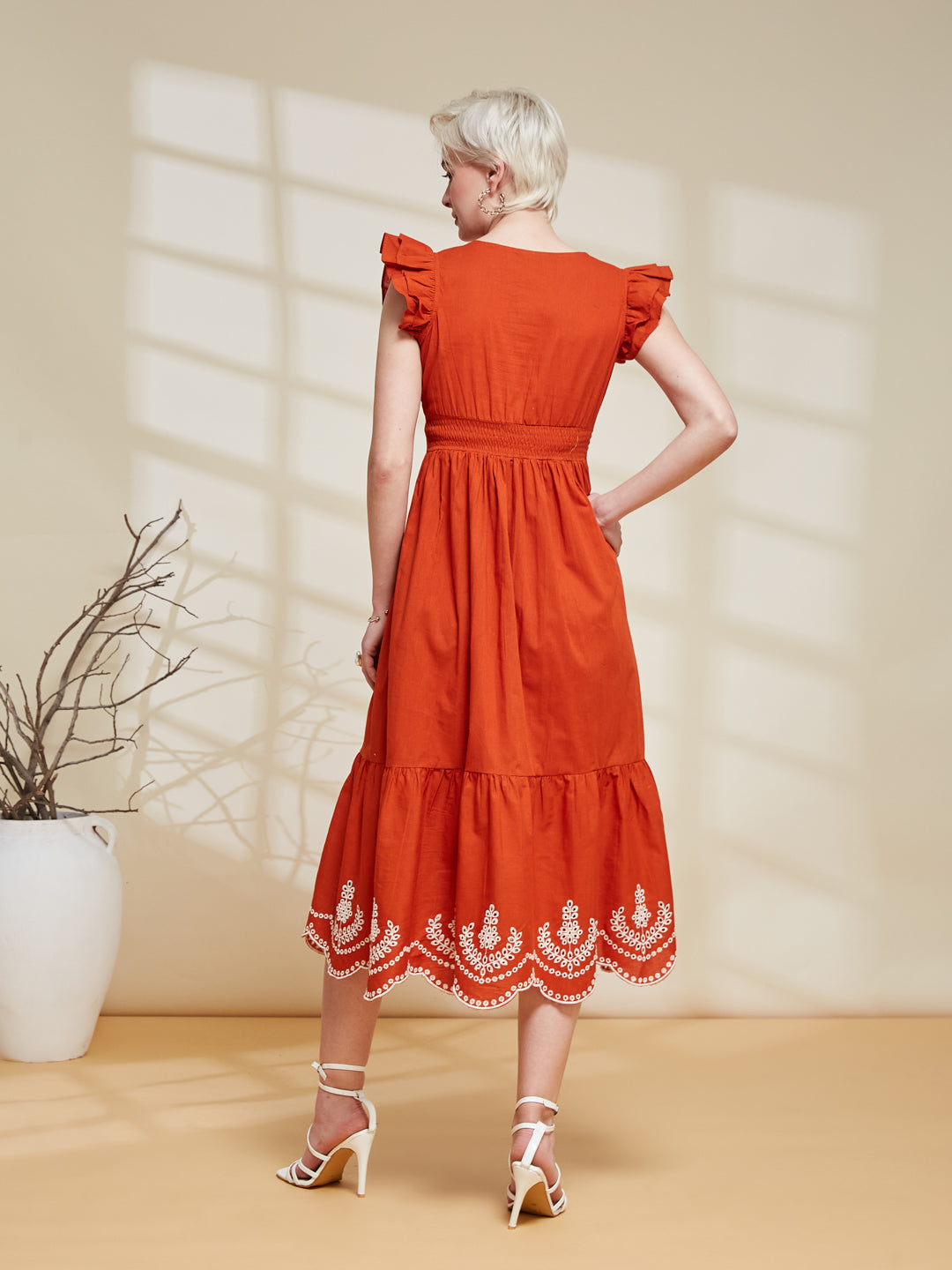 Women Self Pattern Orange Cotton Summer Dress