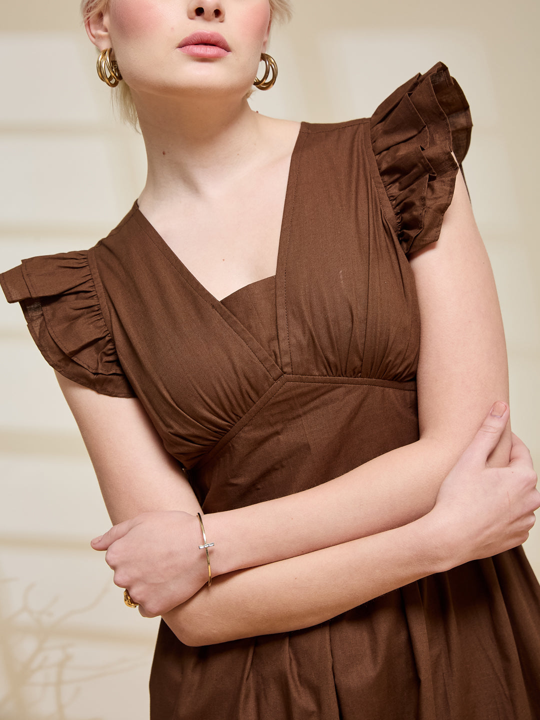 Coffee Cotton Casual Midi Dress for Women