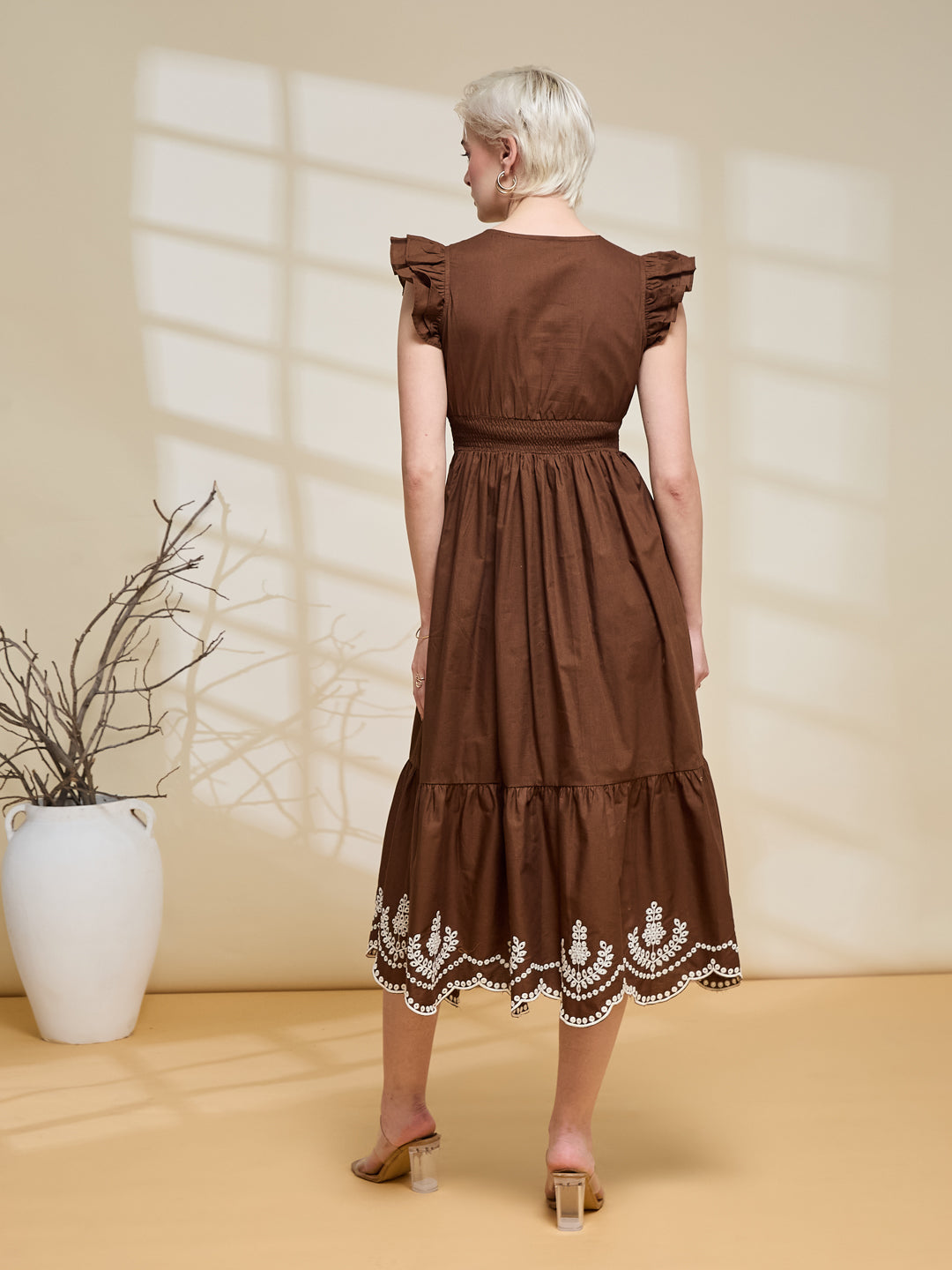 Coffee Cotton Casual Midi Dress for Women