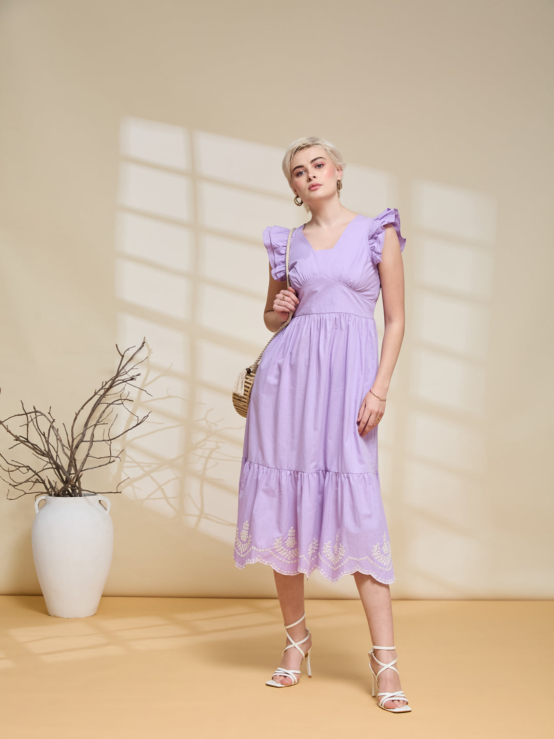 Women lavender Cotton Flared Midi Dress
