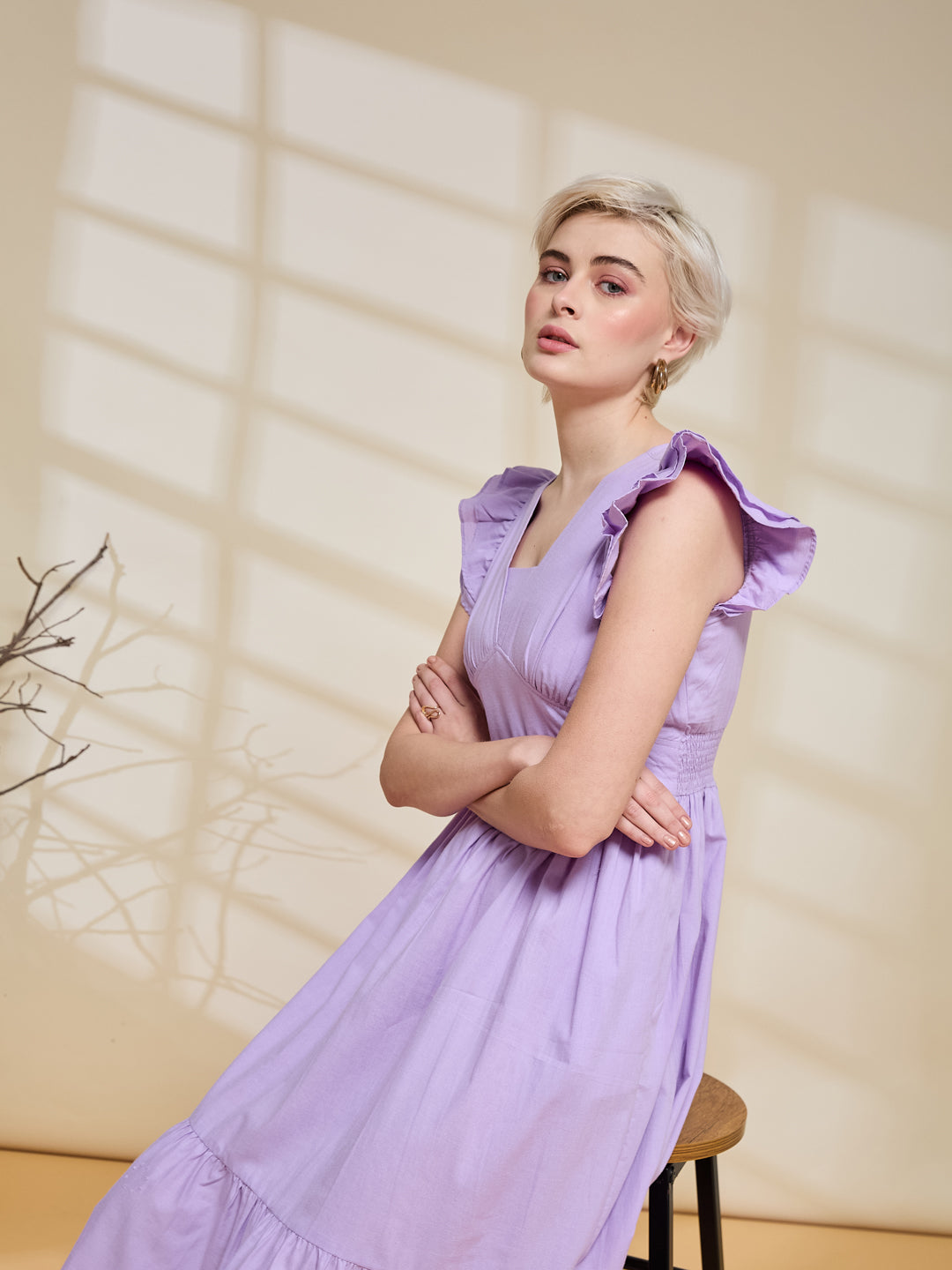 Women lavender Cotton Flared Midi Dress