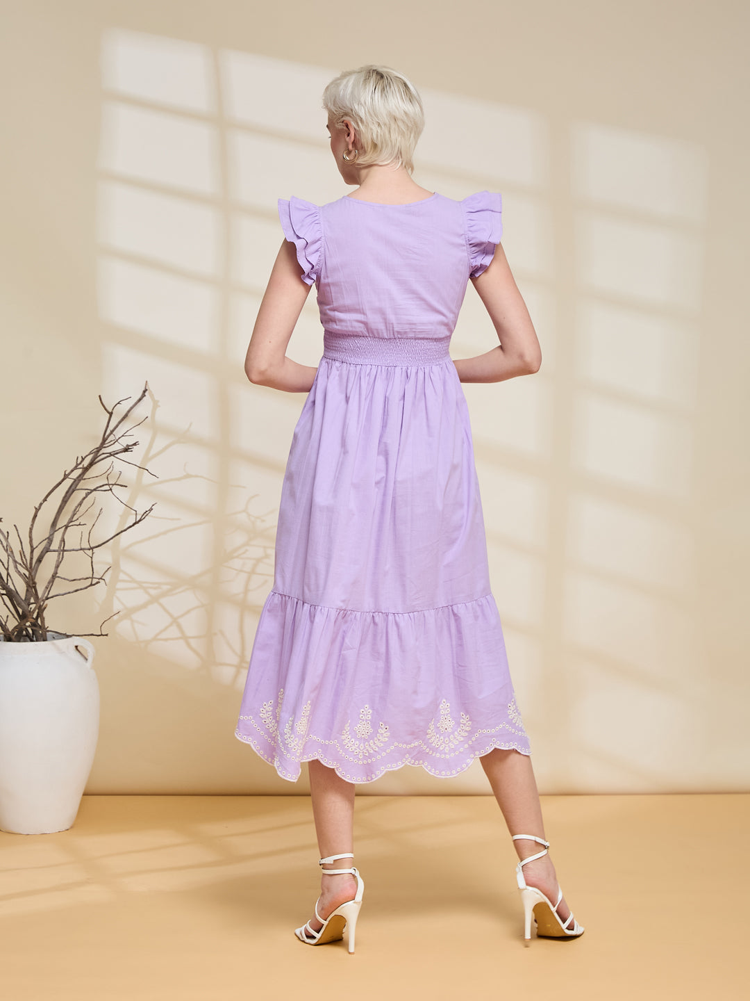 Women lavender Cotton Flared Midi Dress